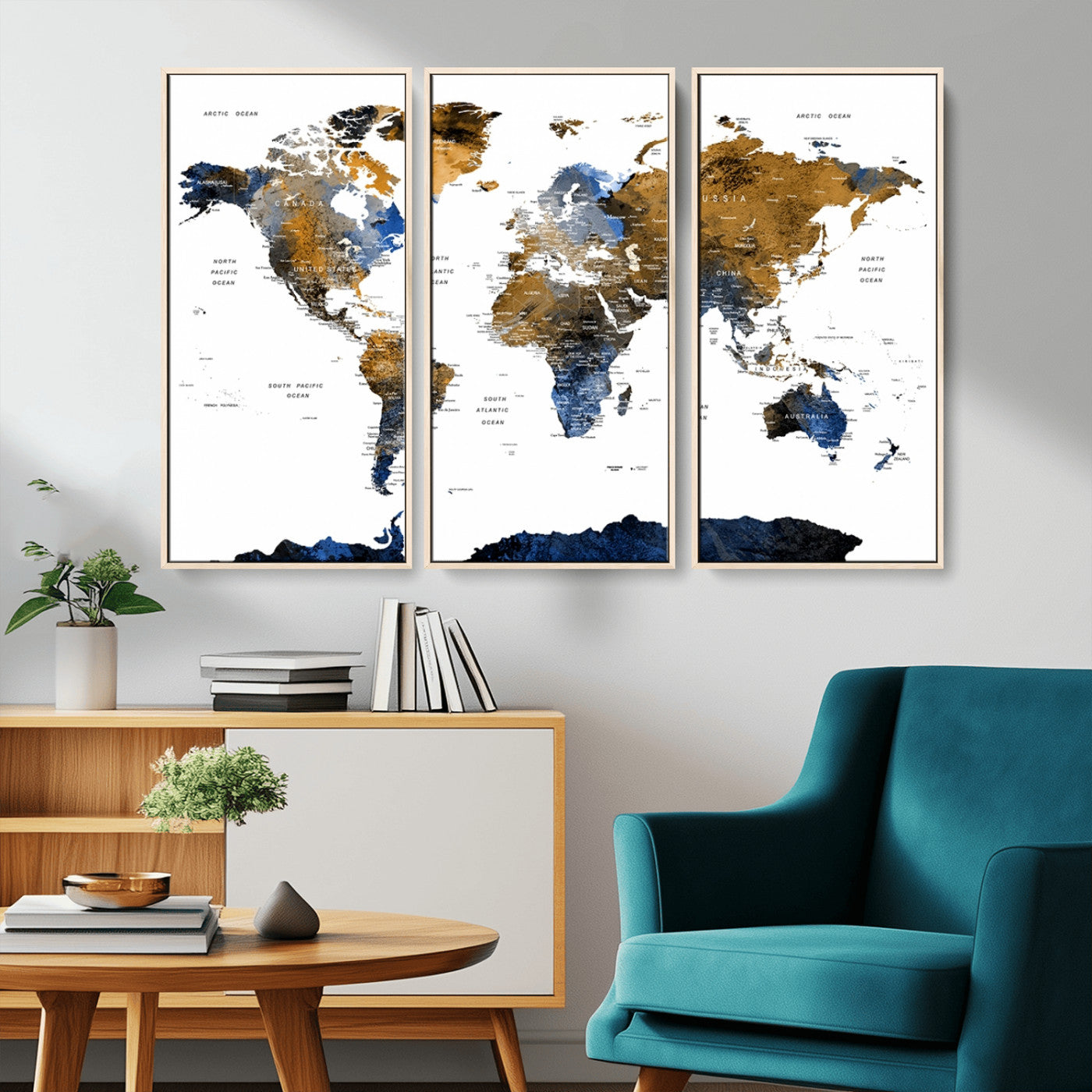 56231-MGV-CV-36X24-Navy and Gold World Map Canvas Wall Art – Framed Modern World Map Print, Elegant Travel Inspired Artwork for Home and Office Decor