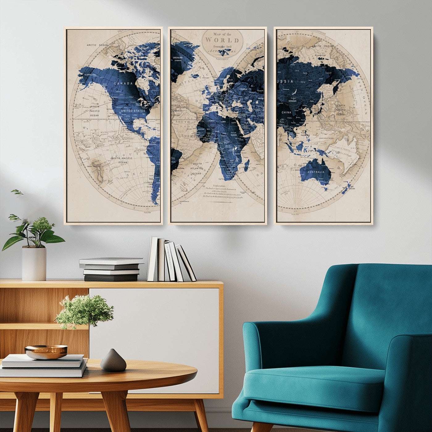 -Vintage Blue World Map Canvas Wall Art – Antique Style Framed Map Print, Elegant Travel Decor for Home Office or Study