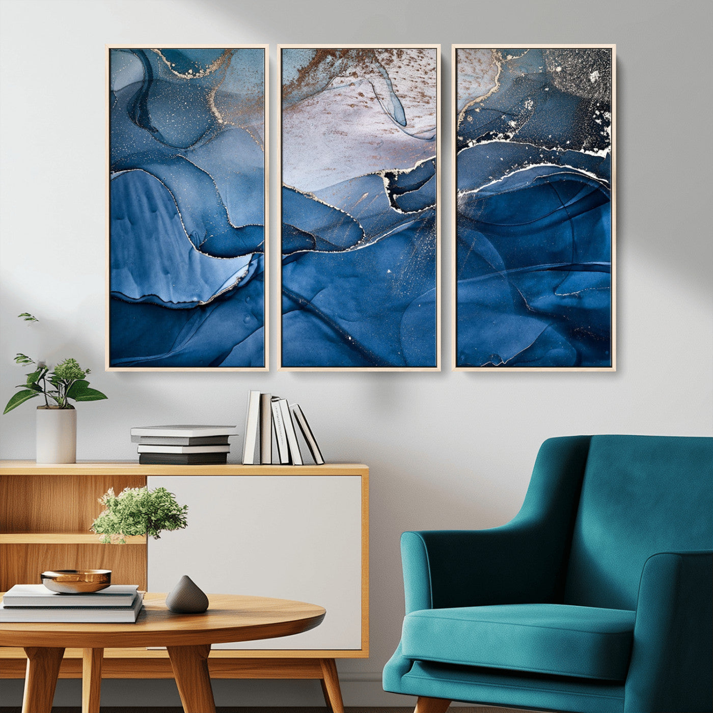 27810-MGV-CV-36X24-Navy Blue Canvas Art Abstract Print – Elegant Triptych Modern Art Print – Contemporary Decor for Living Room or Office