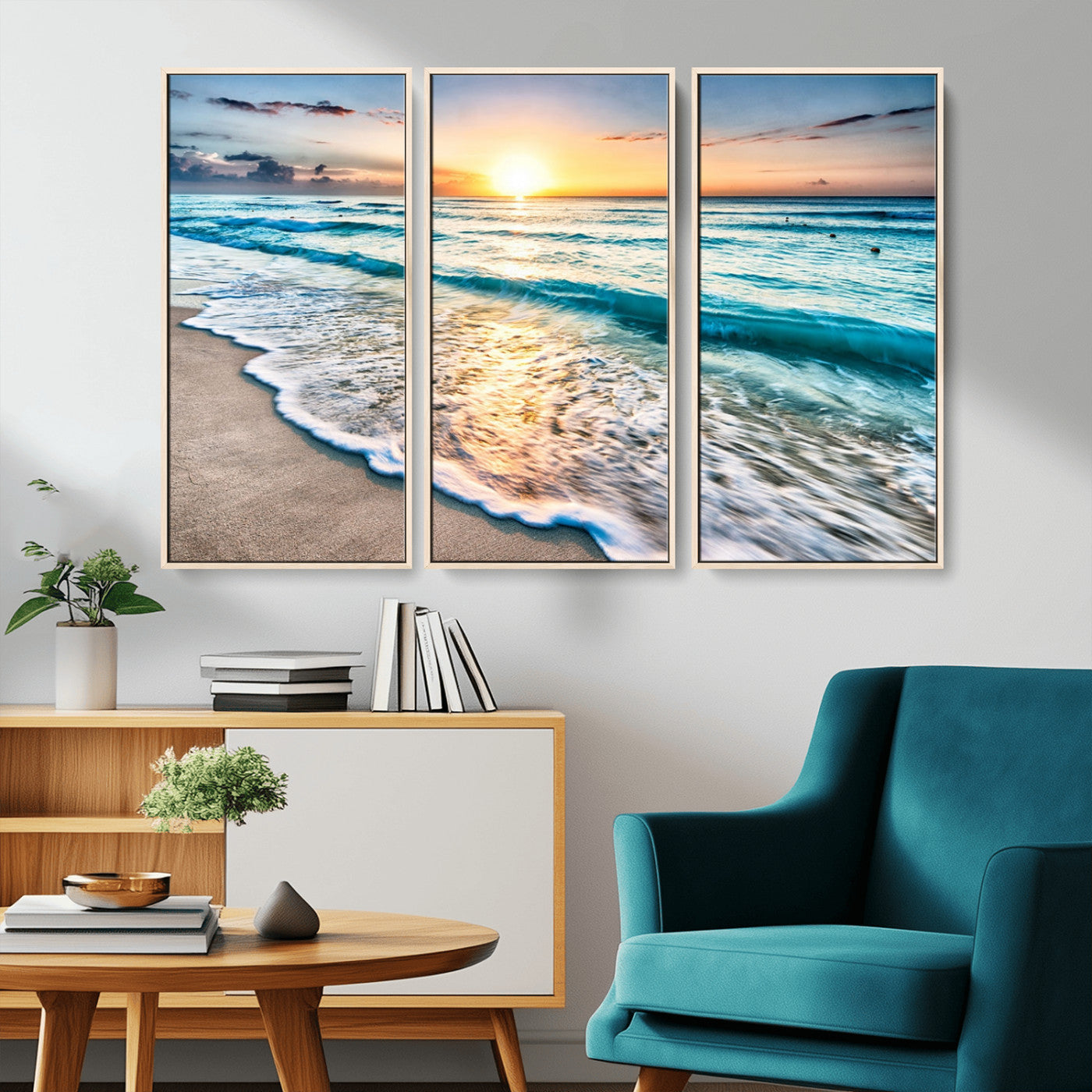 -Sunset Beach Waves Canvas Wall Art – 5-Panel Ocean Sunset Print – Coastal Decor for Living Room or