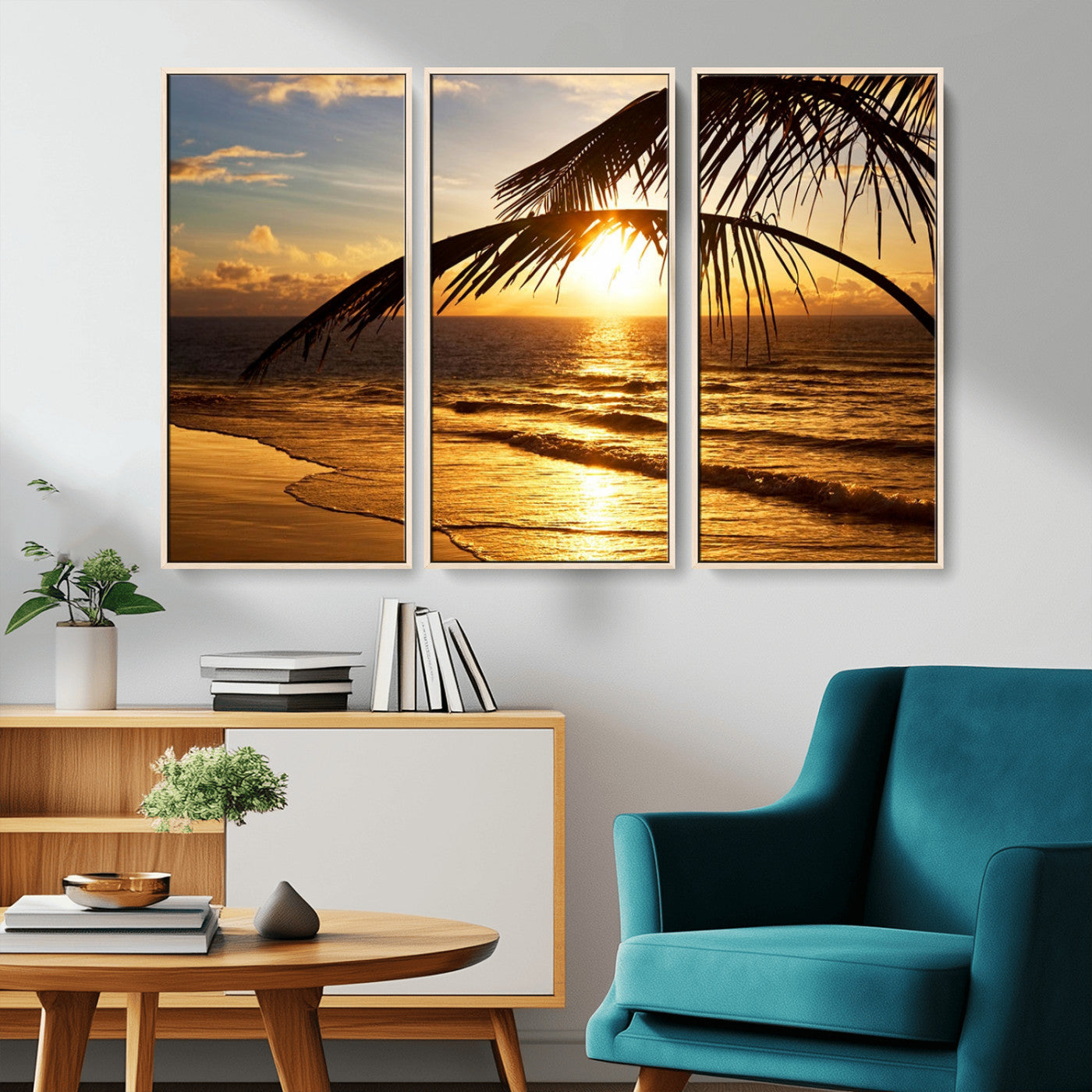 -Golden Tropical Beach Sunset Canvas Triptych, Coastal Palm Tree Wall Art, Ocean Shoreline Giclee