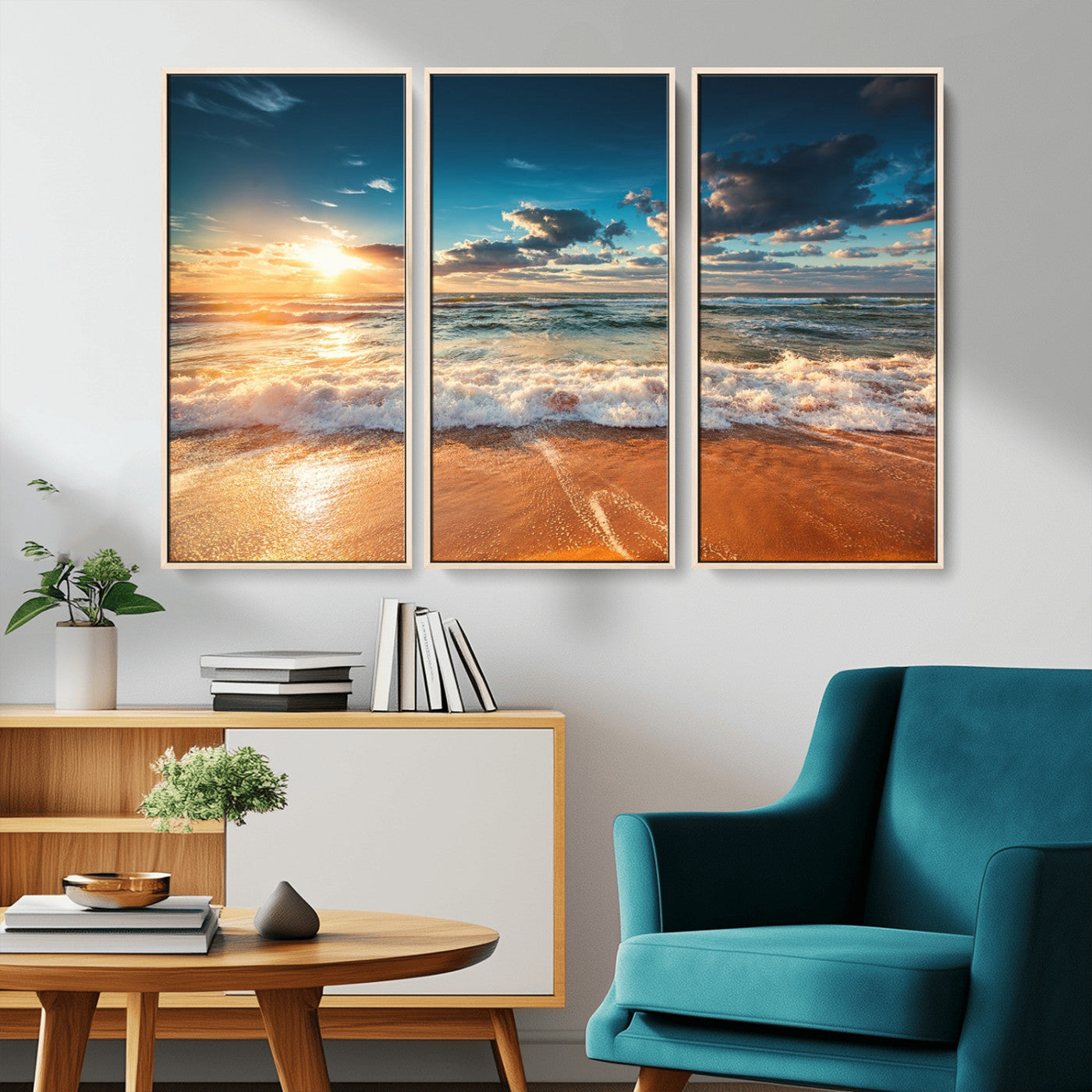 -Golden Sunset Beach Triptych Canvas Art, Giclee Coastal Wall Decor, Ocean Waves Print, Modern Beach