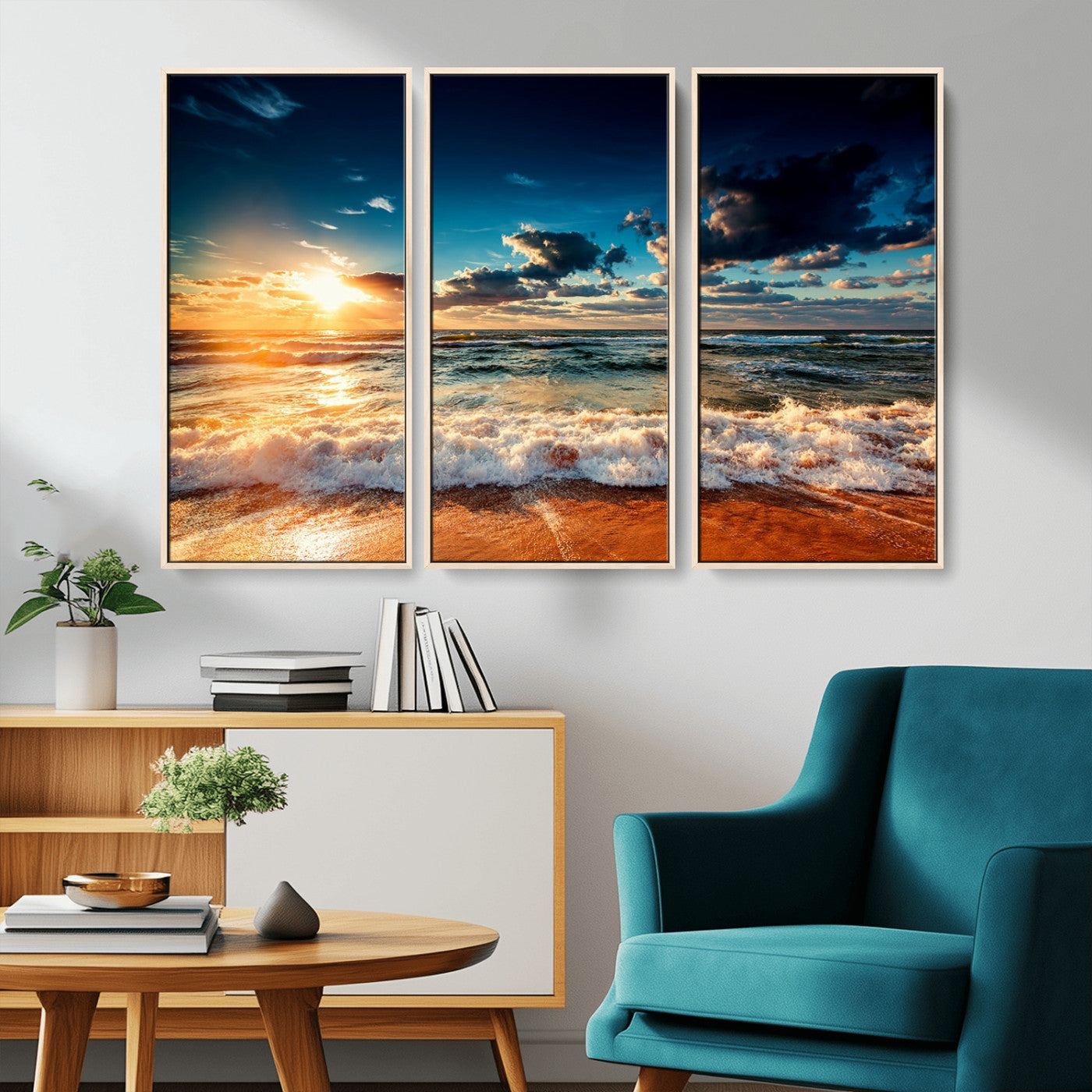 -Golden Hour Sunset Over Ocean Waves Wall Art Canvas Print | 3 Panel Coastal Landscape Canvas Wall