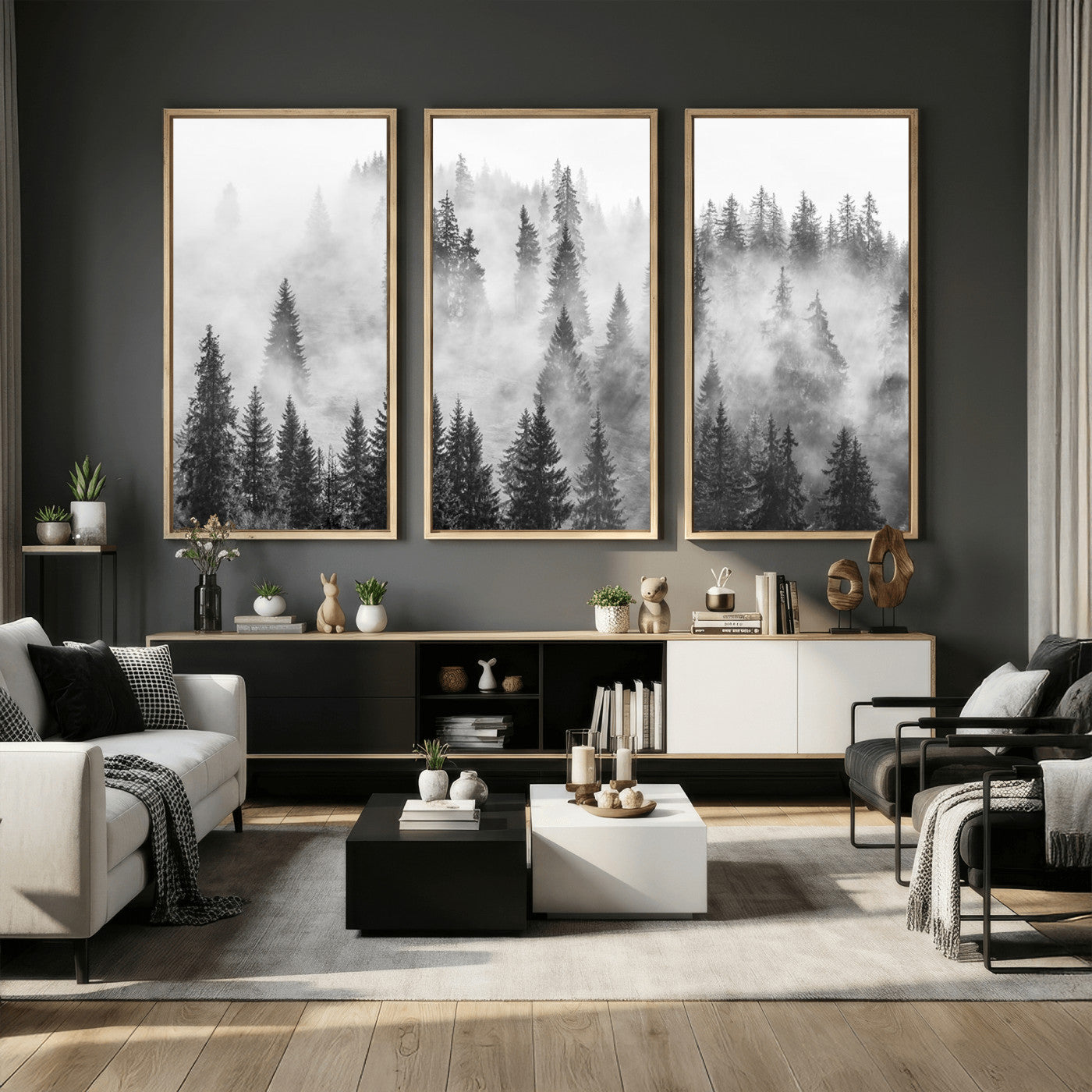 10422-MGV-CV-36X24 - Forest Wall Art Print | Foggy Pine Forest Canvas Wall Art - Black and White Nature Decor for Living