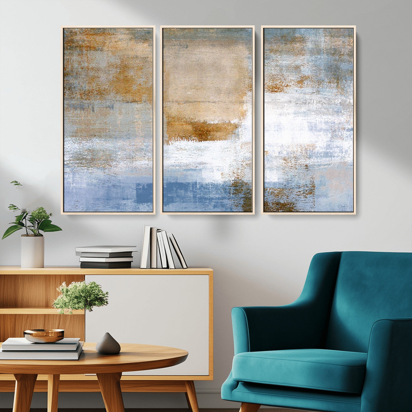72354-MGV-CV-36X24-Blue Multi Panel Abstract Wall Art Canvas, Abstract Blue and Gold Canvas Print