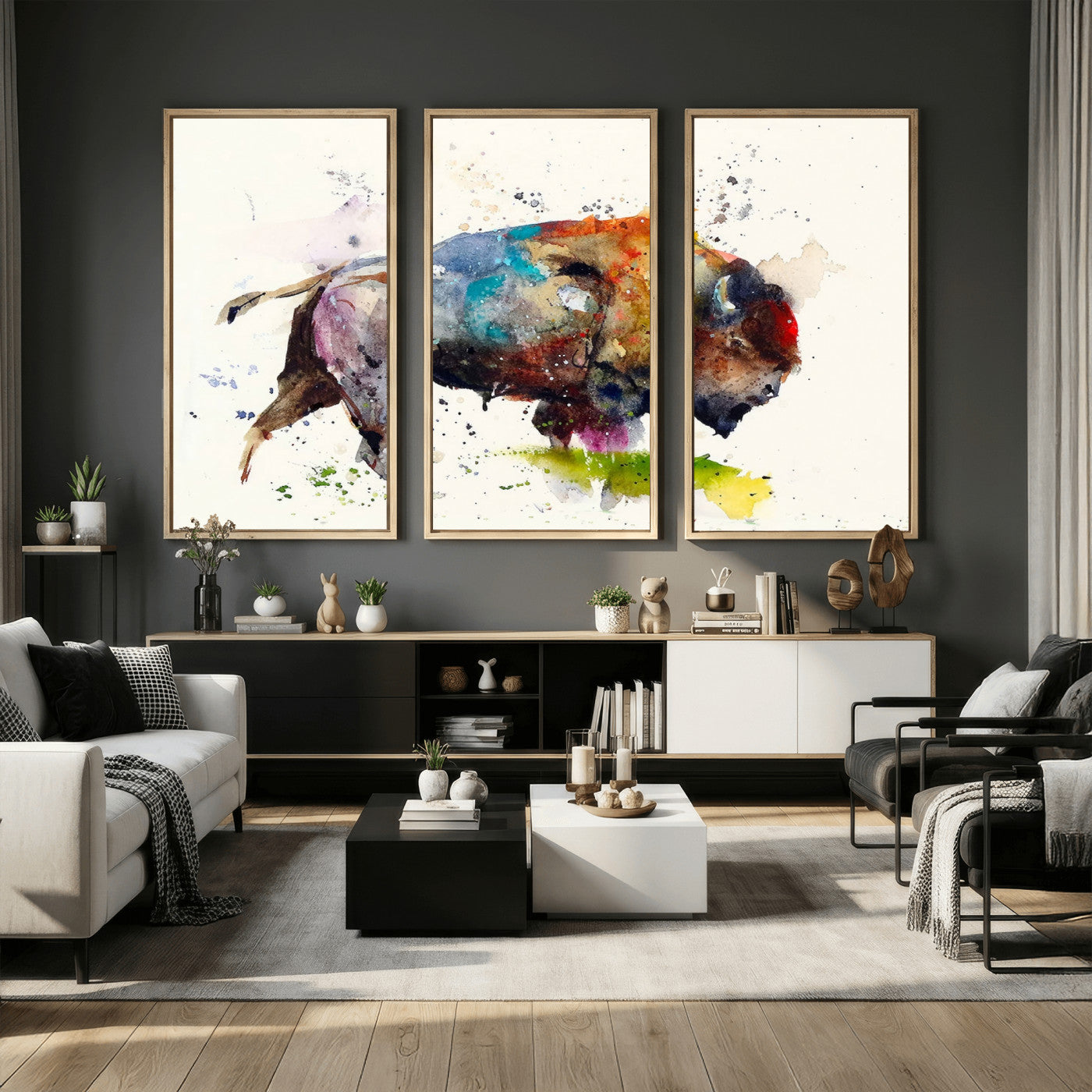 44504-MGV-CV-36X24 - Abstract Buffalo Wall Art, Western Watercolor Bison Canvas Print, Rustic Buffalo Art for Cowboy and