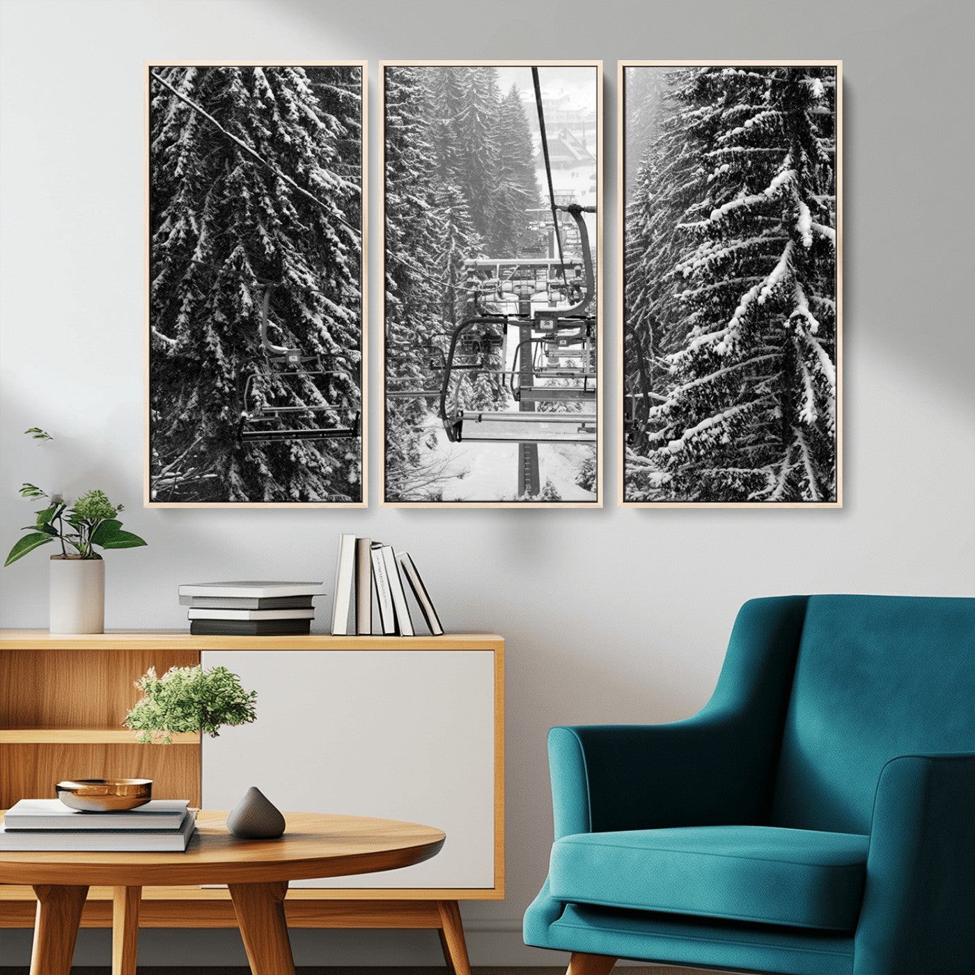 19240-MGV-CV-36X24-Winter Ski Lift Black and White Canvas Wall Art – Alpine Escape in Minimalist Style – Winter Ski