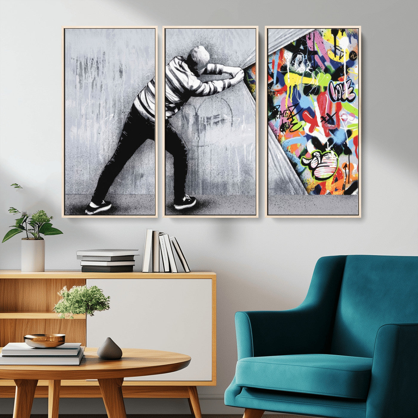 52252-MGV-CV-36X24-Banksy Art Behind the Curtain Street Wall Art Canvas Print | 3-Panel Urban Graffiti-Inspired Wall