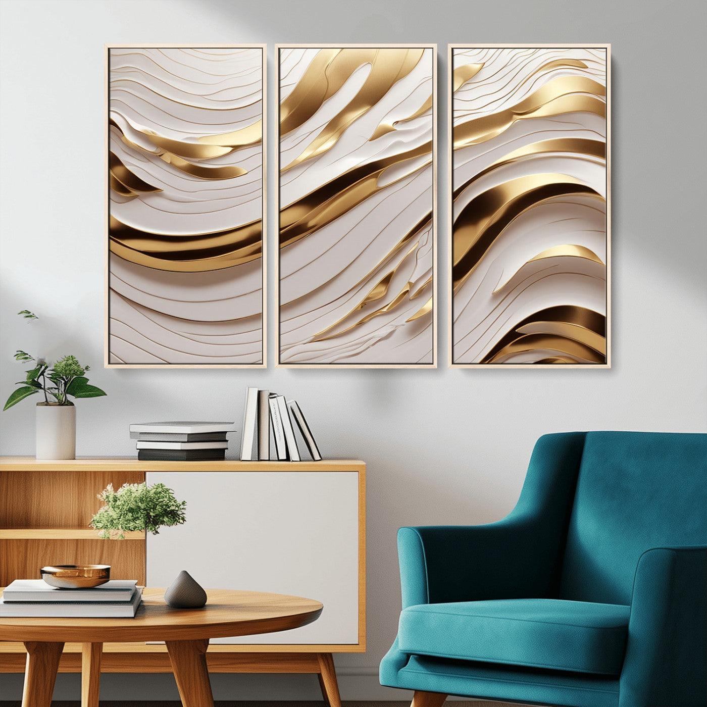 81197-MGV-CV-36X24-Gold and White Abstract Wave Canvas – Elegant Flowing Design with Luxurious Golden Accents –