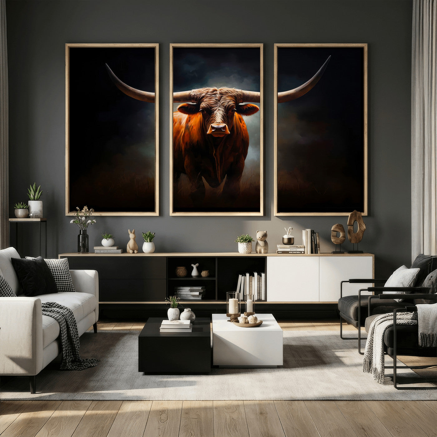 48896-MGV-CV-36X24 - Abstract Texas Longhorn Wall Art Print | 3-Panel Large Texas Longhorn Canvas Print for Living Room,