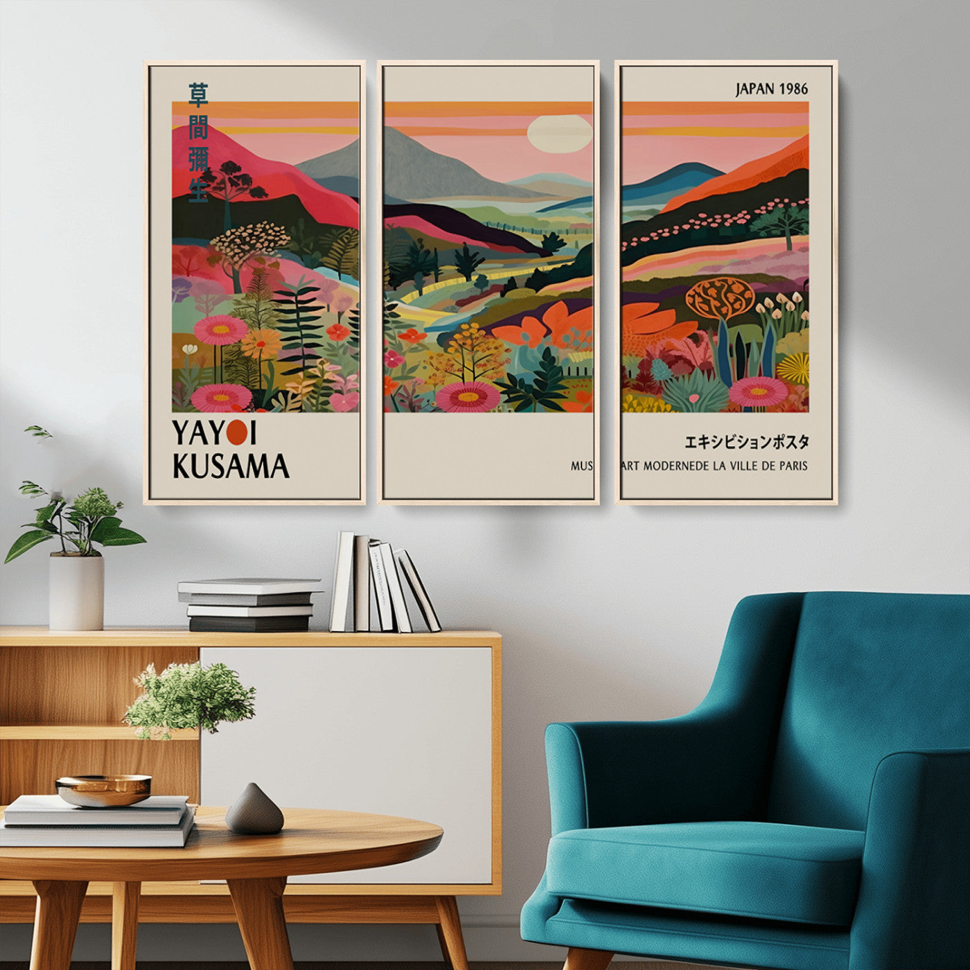 -Yayoi Kusama Landscape Canvas Print, Vibrant Floral Mountain Art Print, Botanical Flower Nature