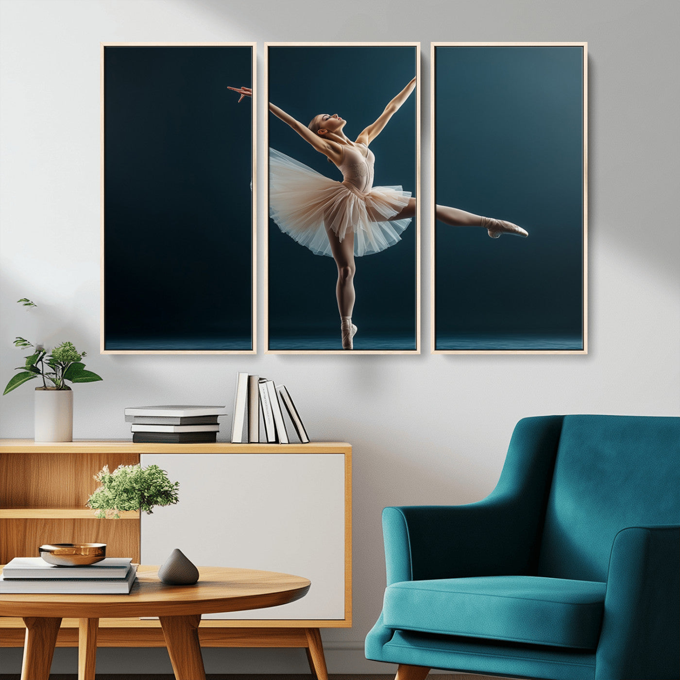 An elegant ballerina captured mid-pose on pointe, radiating grace and strength in a perfectly lit studio setting, her tutu fanned out in delicate symmetry.