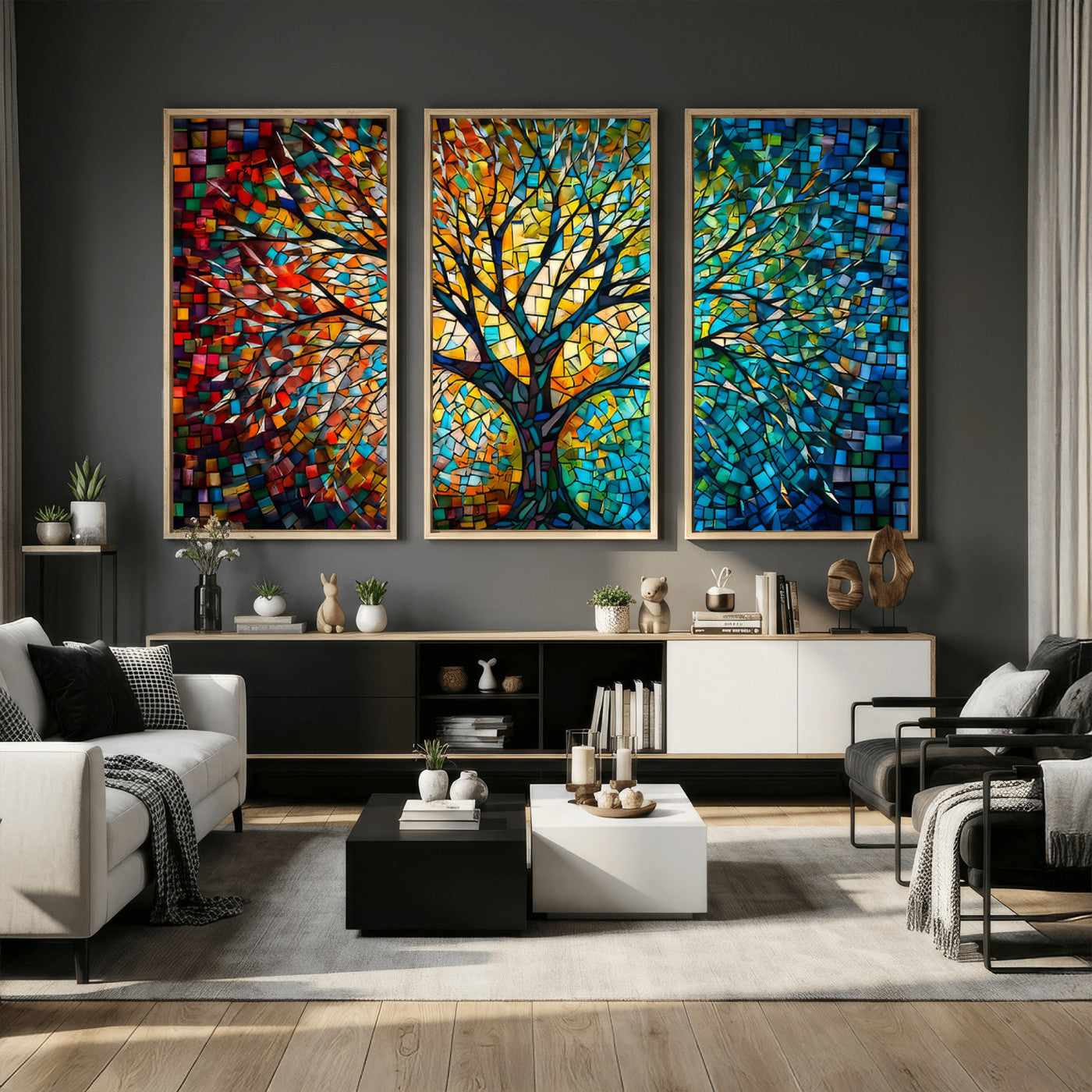 99325-MGV-CV-36X24 - Yggdrasil Tree of Life Wall Art Print Canvas | Mosaic Style 3-Panel Canvas Print
