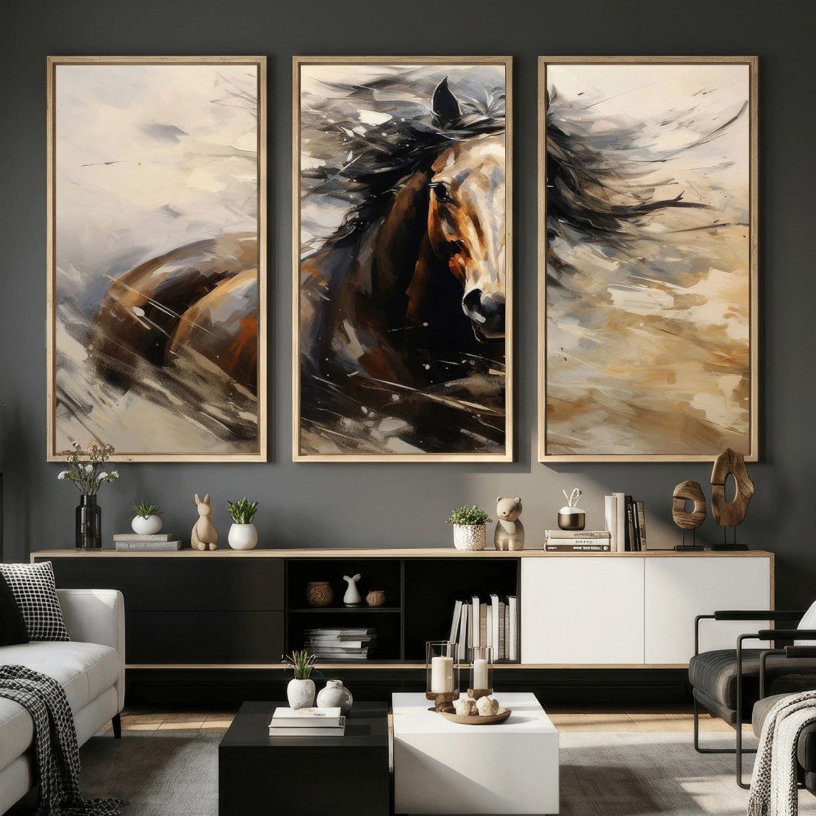 53001-MGV-CV-36X24 - Abstract Wall Art Horse Print - Large Western Horse Canvas - Farmhouse Woodland Wall Art - Framed