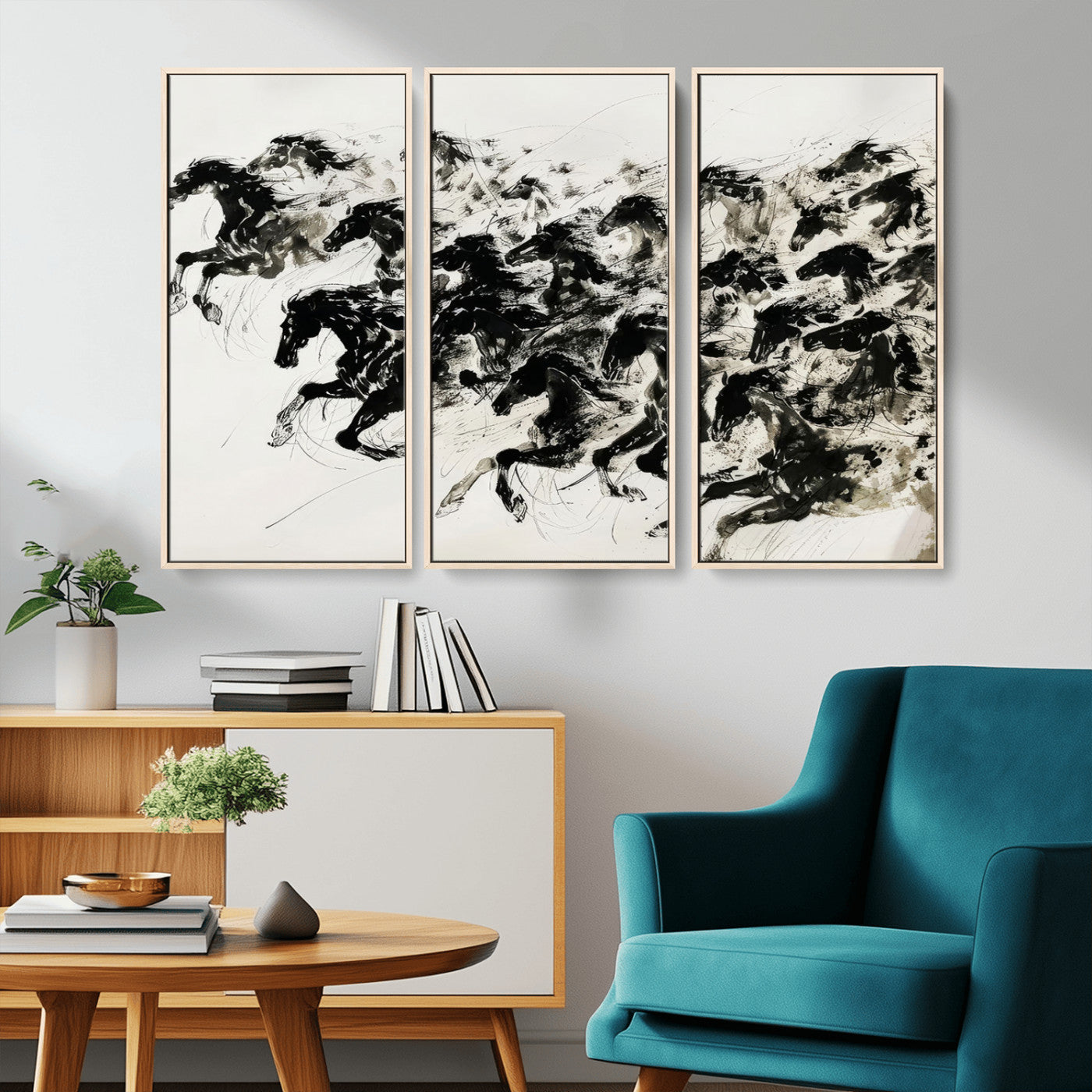 MGV-FC-48X32-3P - Abstract Horse Wall Art Canvas Print - Dynamic Black Ink Horse Print - Modern Equine Wall Decor for