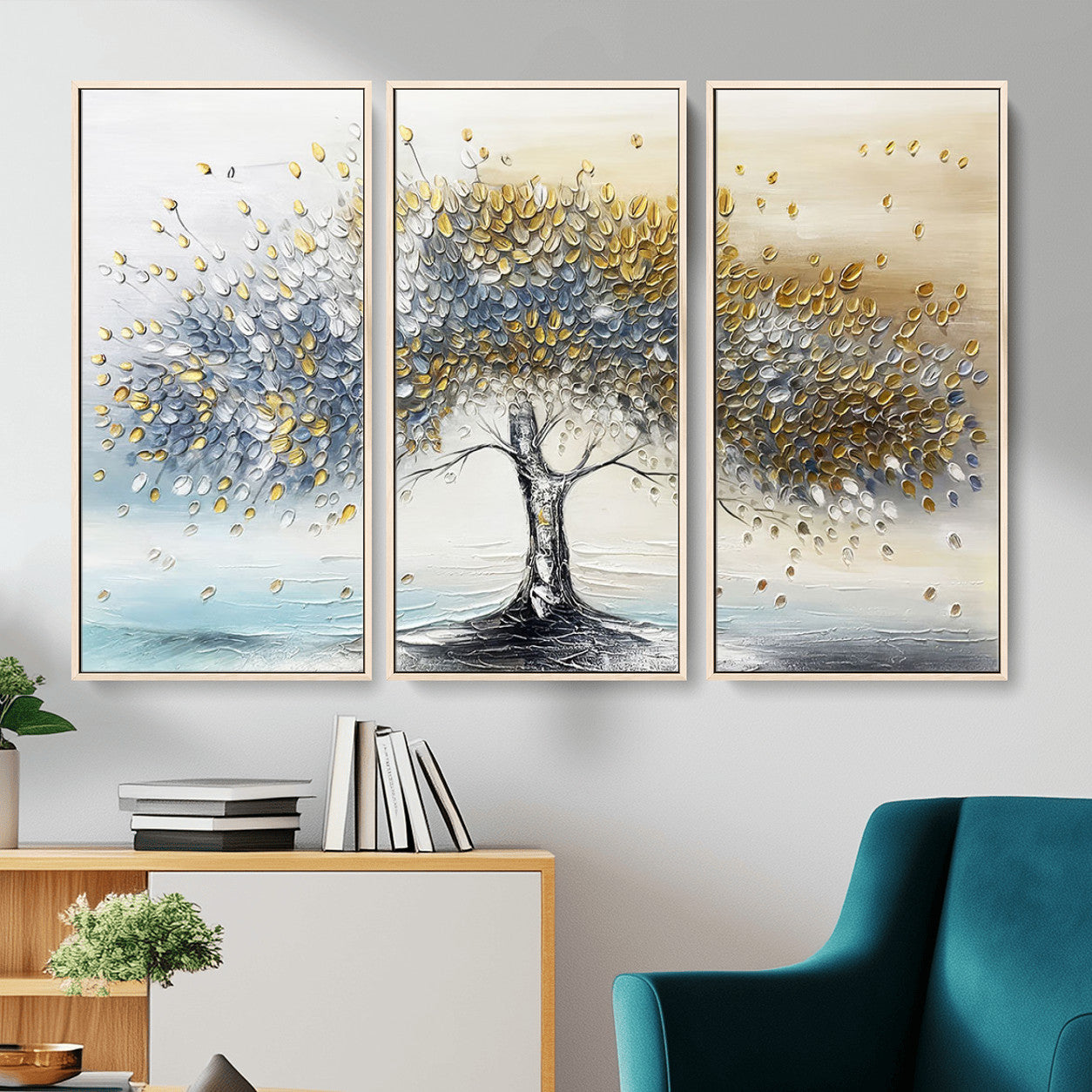 MGV-FC-48X32-3P - Golden & Silver Tree of Life Wall Art – Canvas Print with Whimsical Leaves Elegant Nature Design, Decorative Home, Office or Guest Room Decor