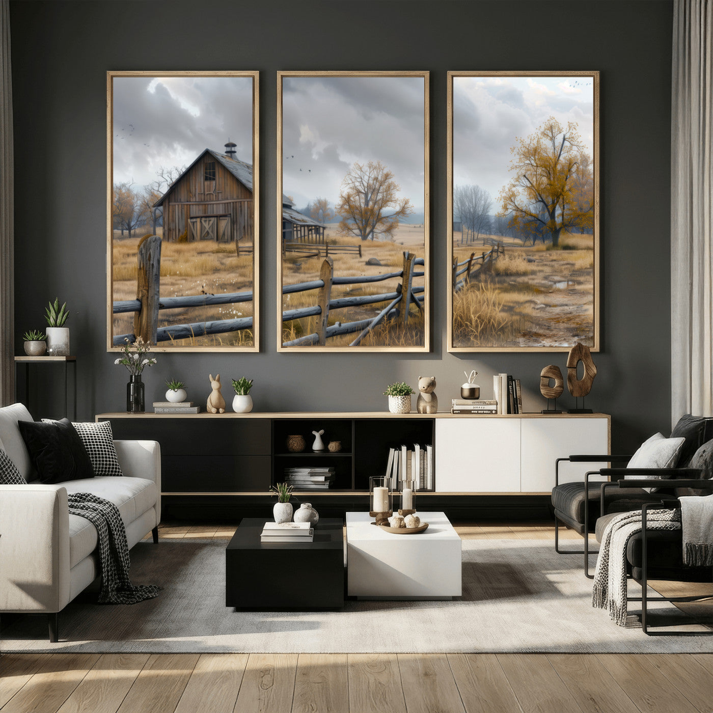 Farm1-MGV-CV-36X24 - Rustic Autumn Farmhouse Wall Art Canvas Print – Serene Countryside Scene with Weathered Barn and