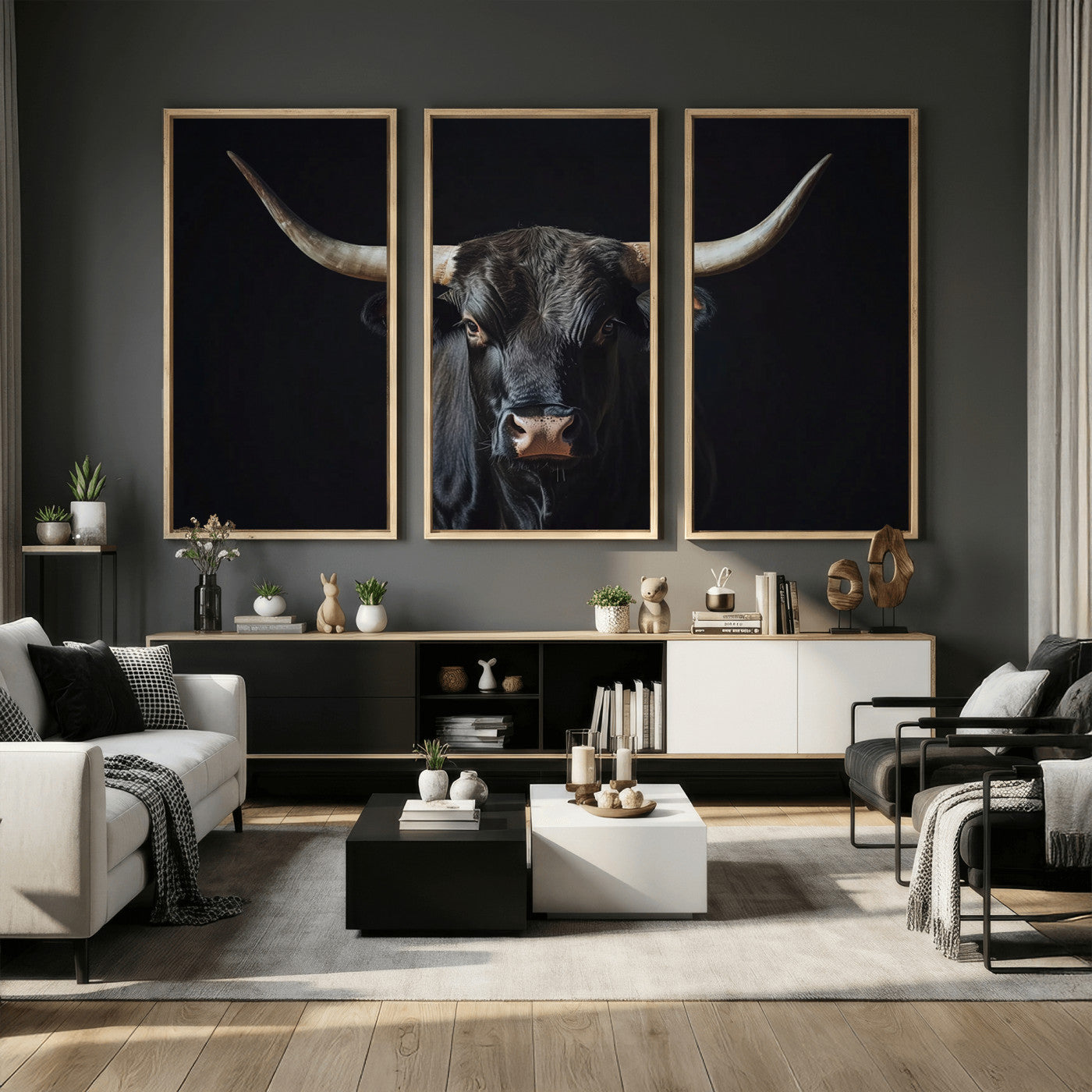 48065167-MGV-CV-36X24 - Texas Longhorn Bull Wall Art Canvas Print – Western Black Bull Art Print for Farmhouse Ranch Decor