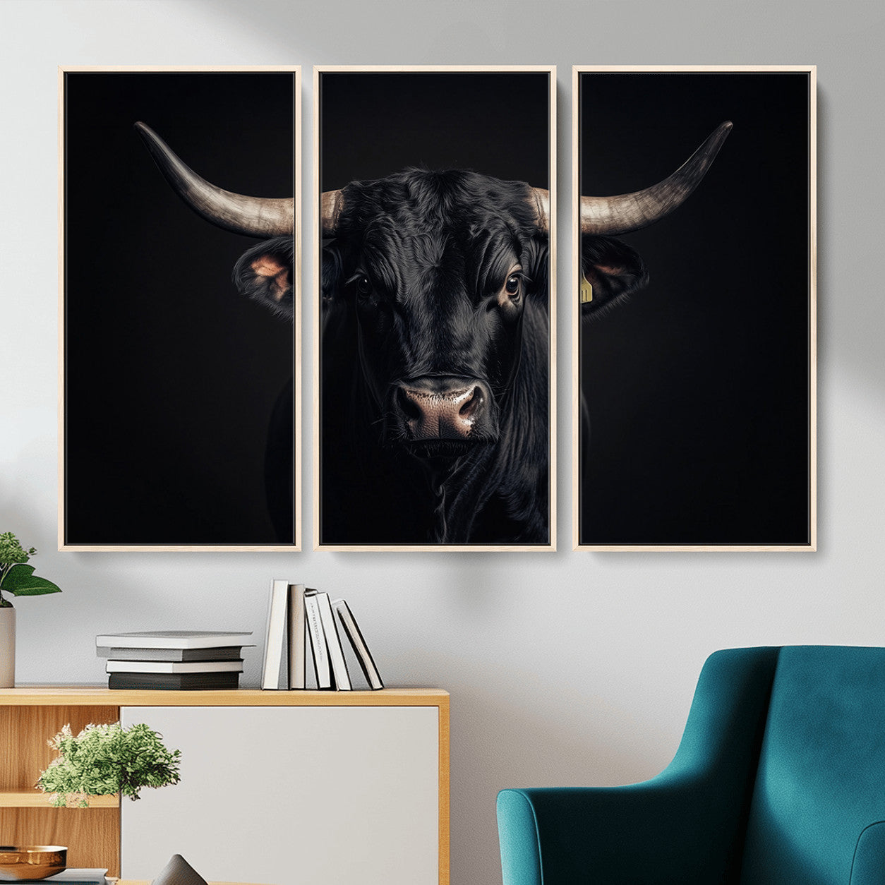 MGV-FC-48X32-3P - Black Bull Wall Art – Framed Horned Bull Canvas Artwork, Western Cattle Design, Rustic Ranch Style Decor for Home, Office