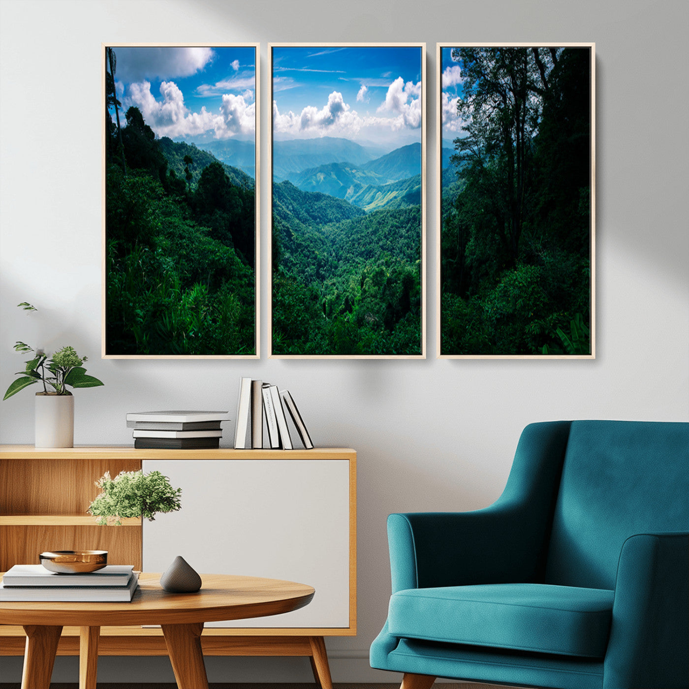 Canvas of a misty tropical jungle with vibrant greenery and layered blue mountains, ideal for exotic nature-themed wall décor.