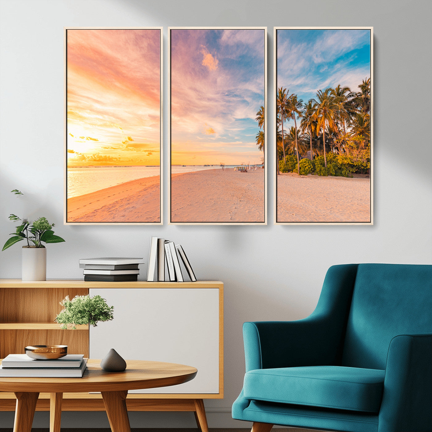 Tropical beach canvas with palm trees and soft sunset tones, ideal for coastal or beach-style home décor in warm pastel hues.