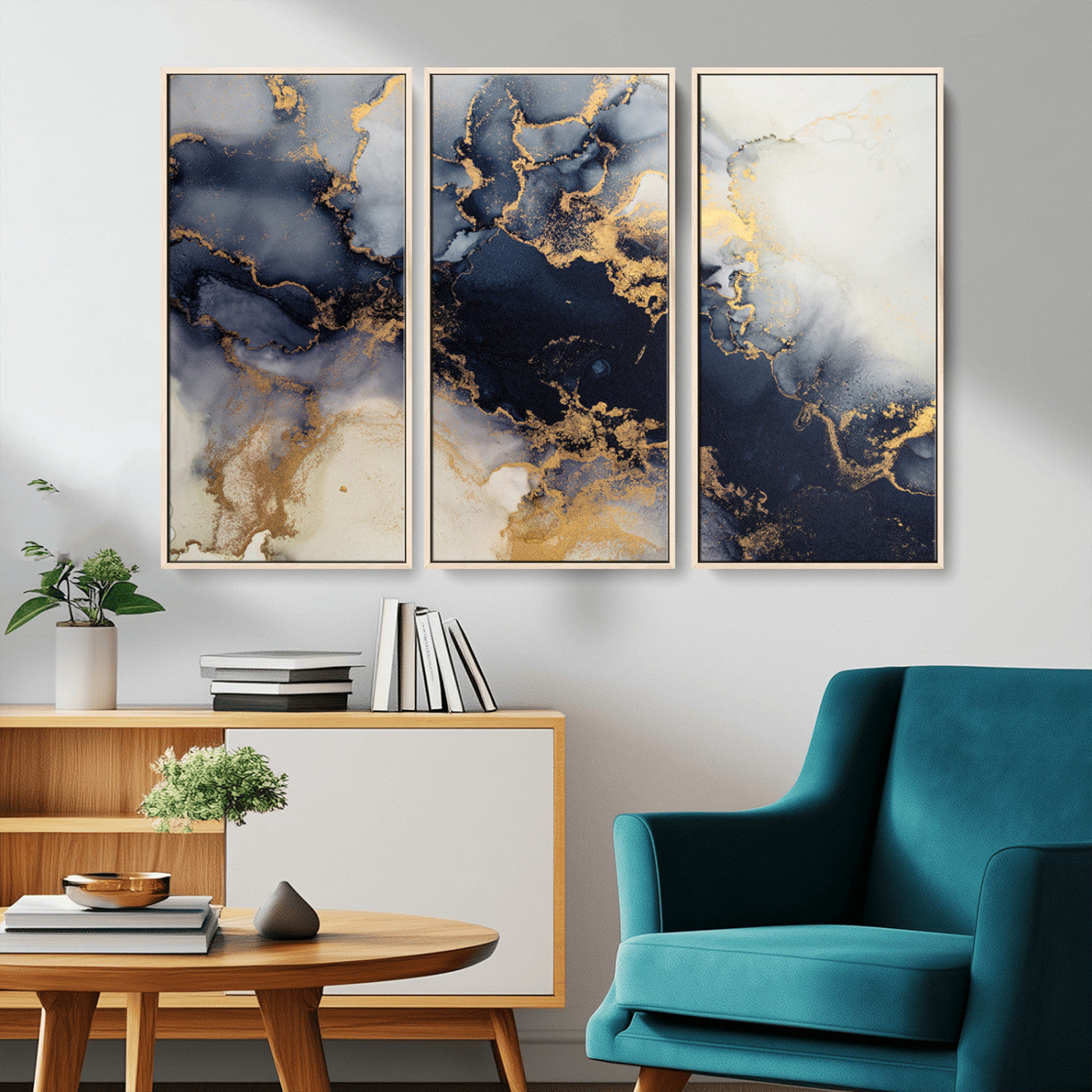 41136487-MGV-CV-48X32-3P-Black Marble Wall Art Canvas Print – Framed Abstract Gold Veins Elegant Luxury Design Decor for Home, Office