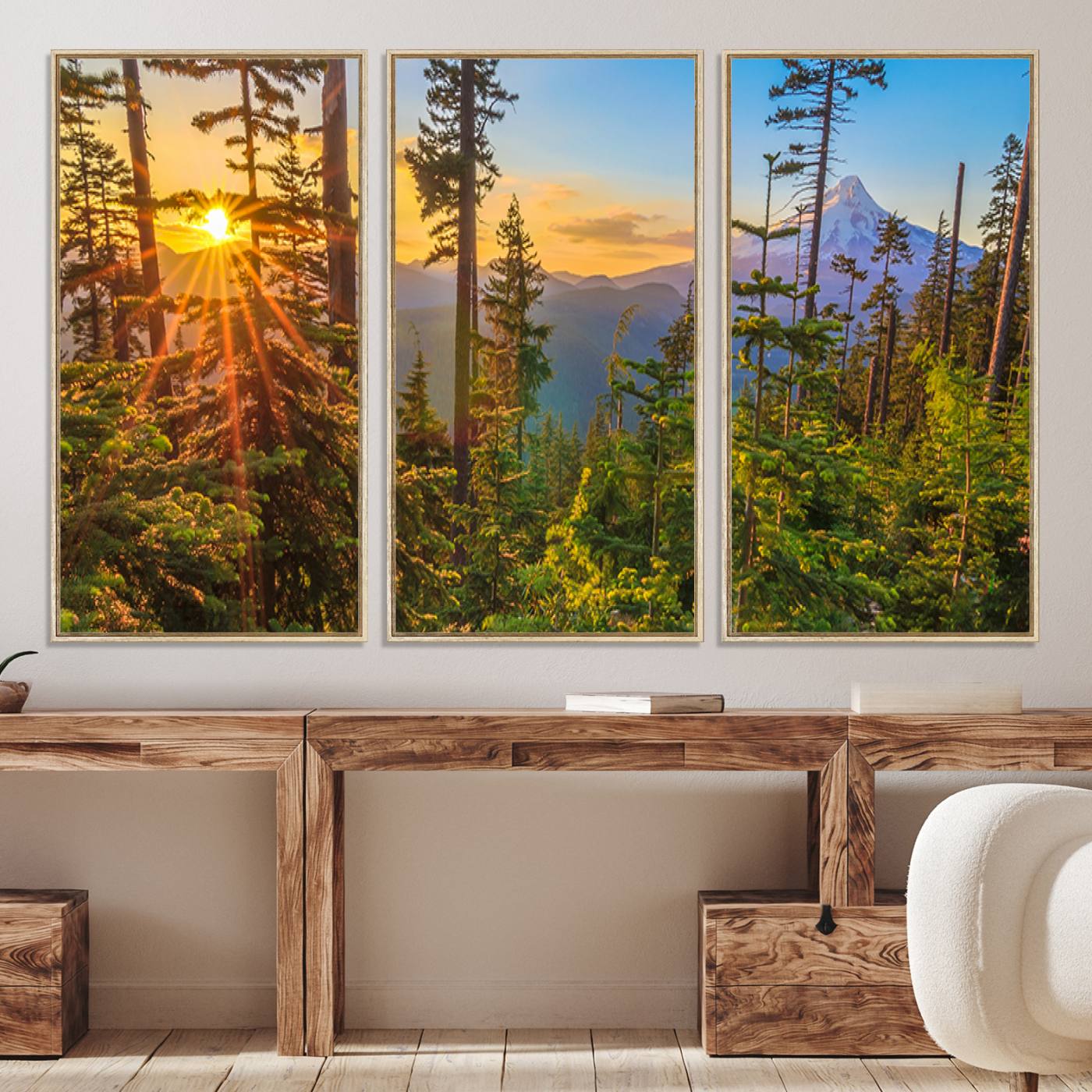 -Forest Sunset Wall Art Canvas Print, Framed Sunset Trees Art Picture Print, Green Pines Perfect