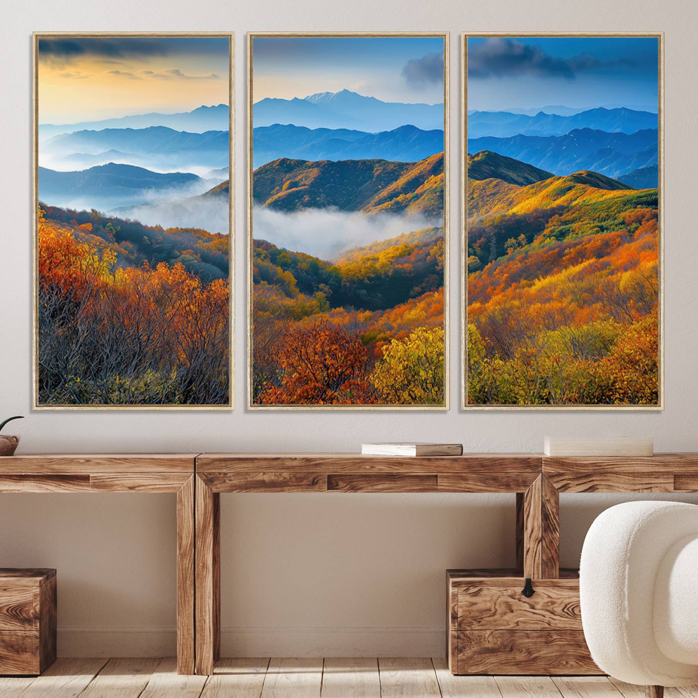 -Autumn Mountains Wall Art Canvas Print, Autumn Mountain Foggy Landscape Wall Art Canvas Print,