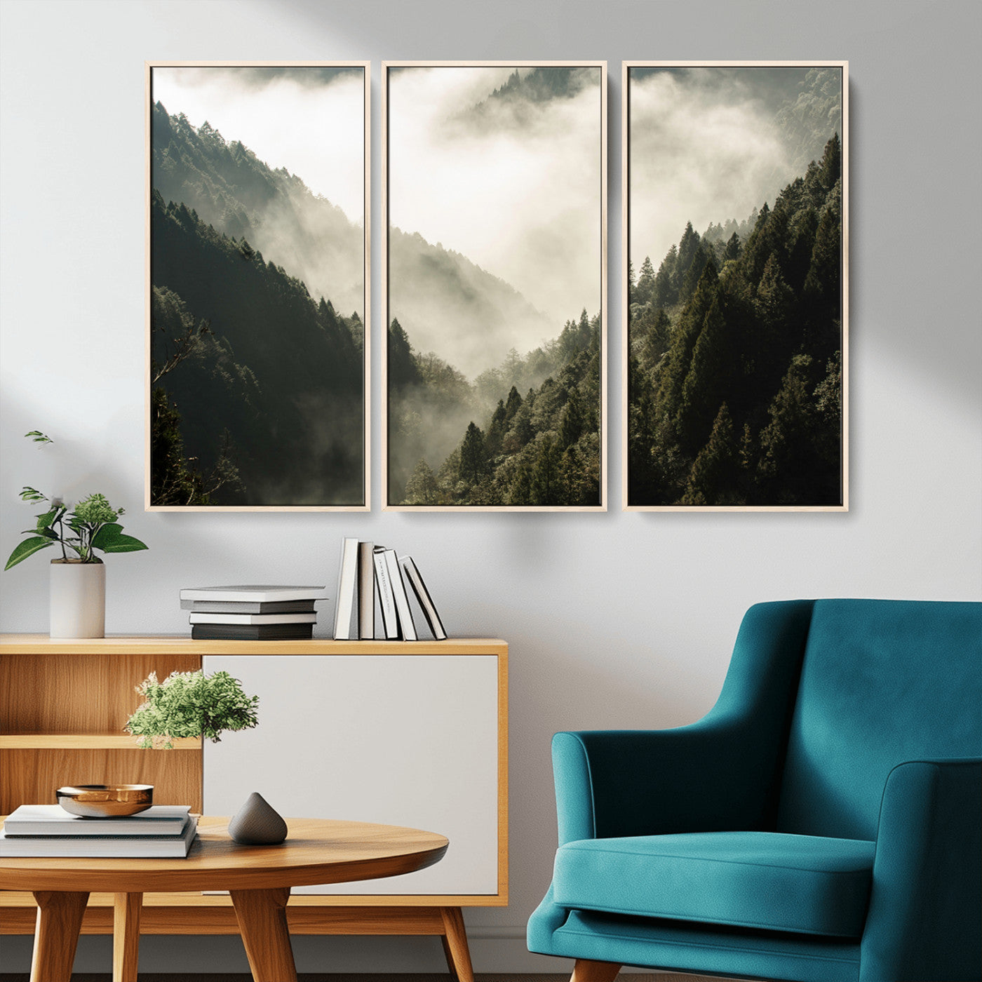 Canvas showing a misty pine forest valley with layered green hills and soft fog, perfect for moody or nature-themed decor styles.