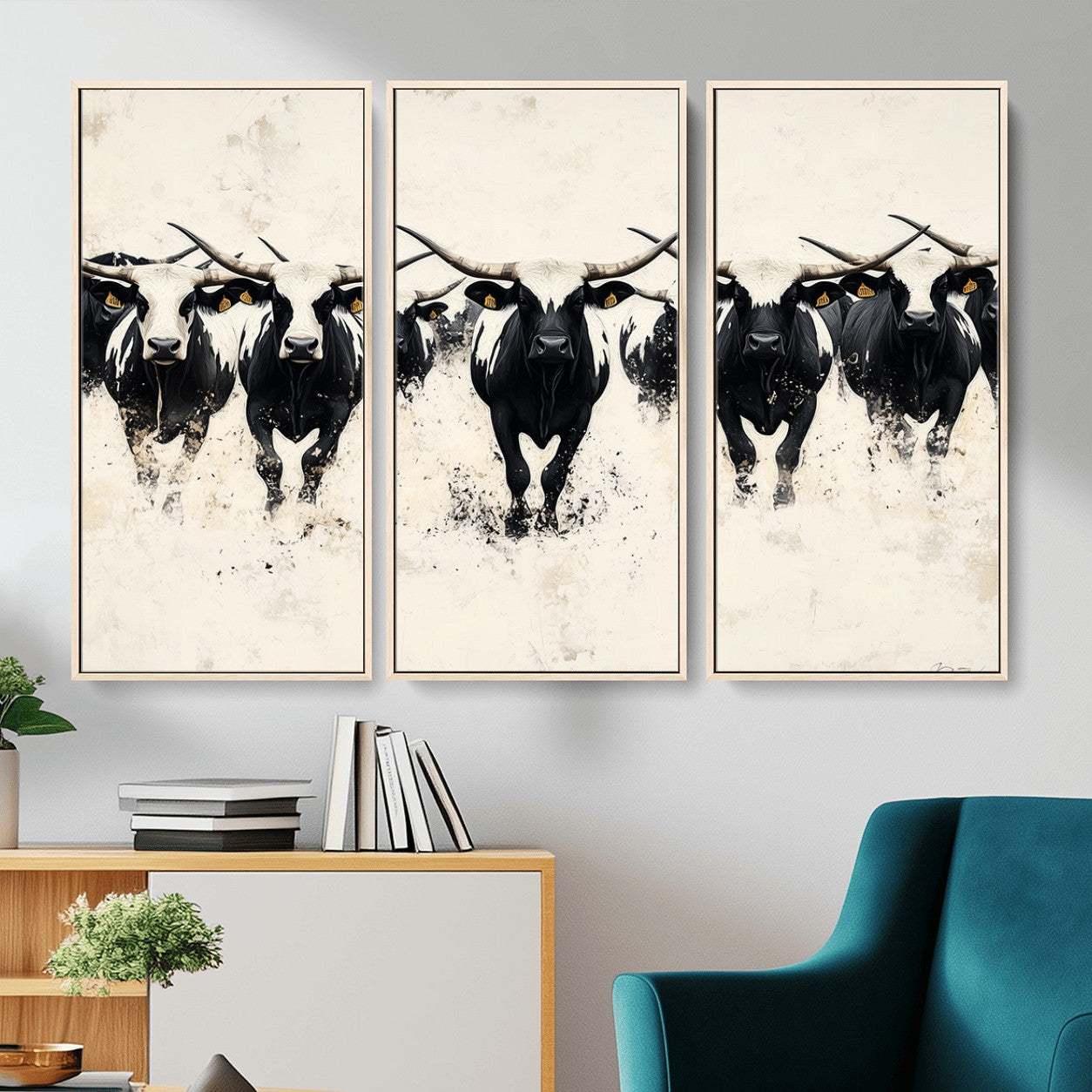 MGV-FC-48X32-3P - Longhorn Cattle Wall Art – Canvas Print of Herd in Motion, Symmetry and Ink Splatter, Minimalist Western Ranch, Bold Rustic Farm Decor
