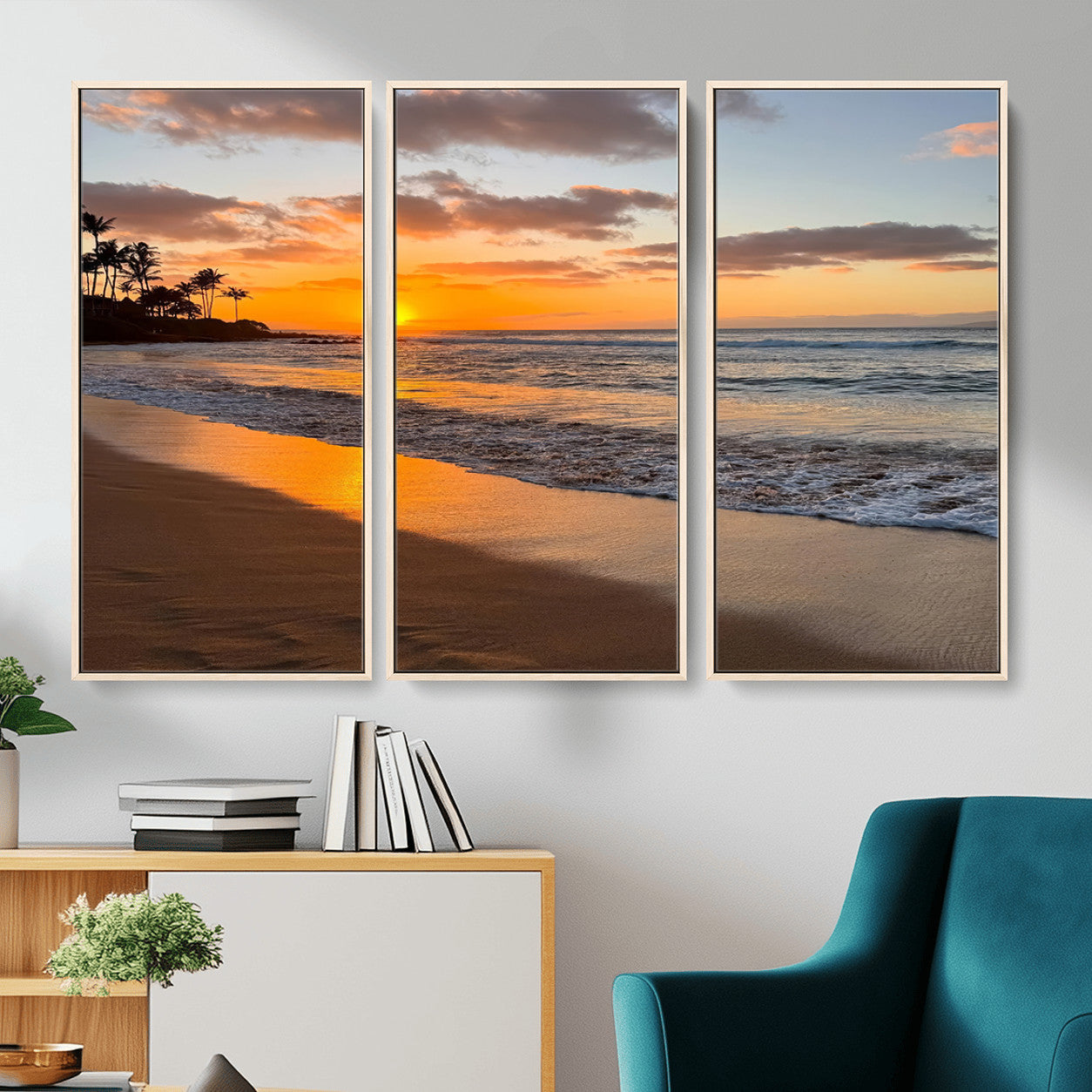 MGV-FC-48X32-3P - Sunset Glow Wall Art – Canvas Print of Ocean Breeze, Golden Sand, Tropical Palm Silhouettes, Tranquil Waves, Beach Nature Decor for Home