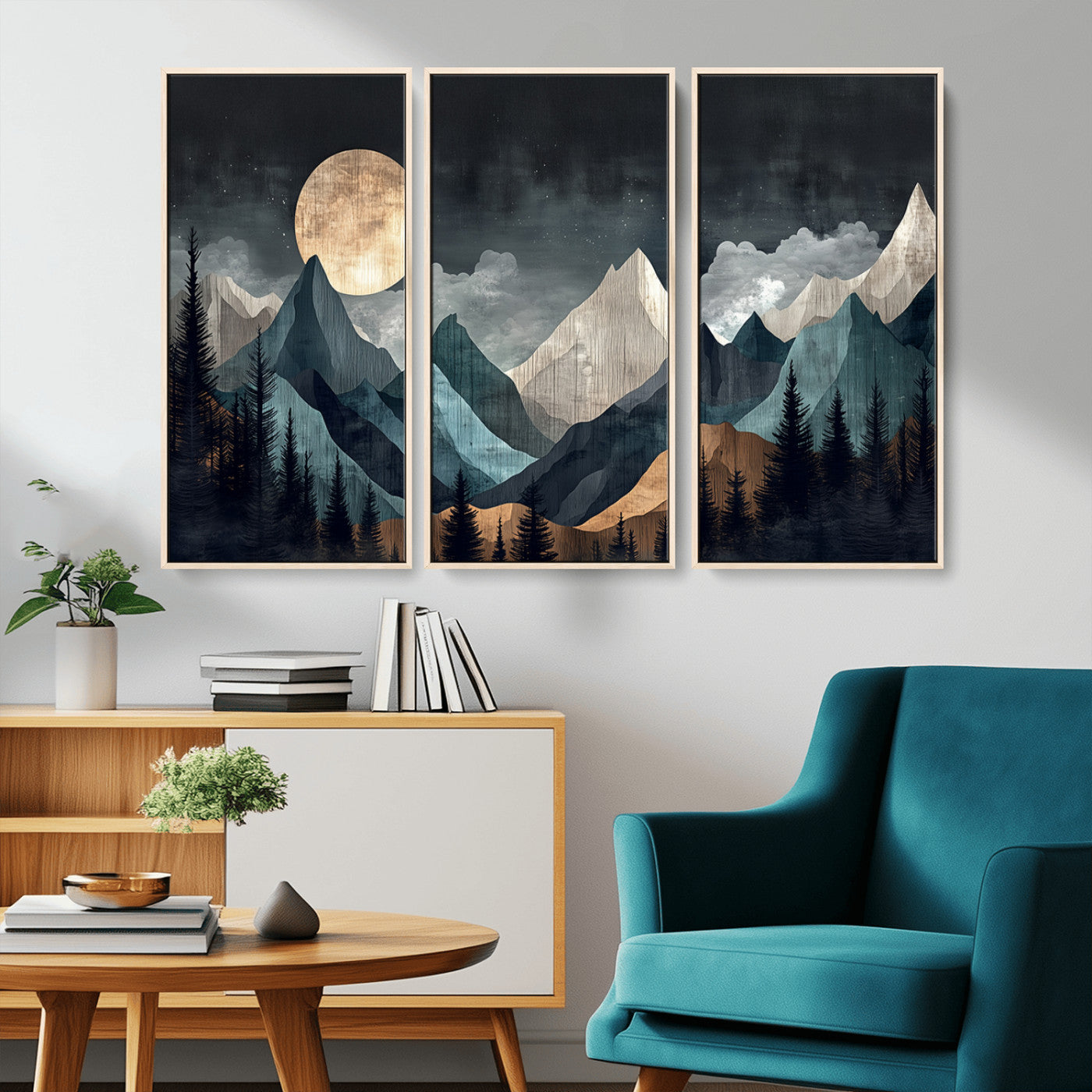 11060882-MGV-CV-36X24-Moonlit Mountain Wall Art Canvas Print – Silhouetted Pines Layered Peaks Tranquil Sky Mist Silver Light Nature Artwork for Home