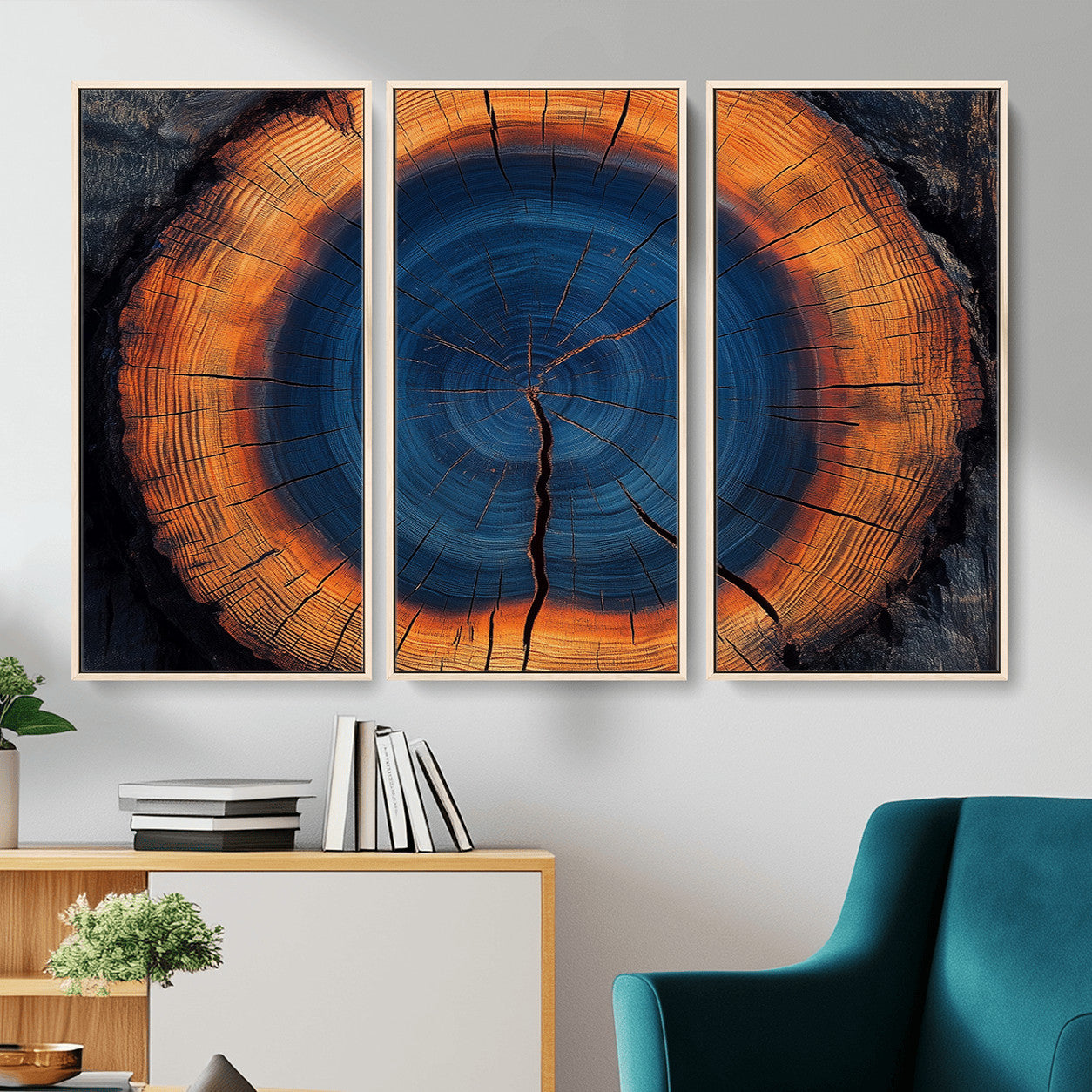 MGV-FC-48X32-3P - Abstract Tree Ring Wall Art Print, Natural Rustic Wood Texture Canvas Print, Framed Tree Ring Printing, Wood Tree Stump Artwork Canvas Print
