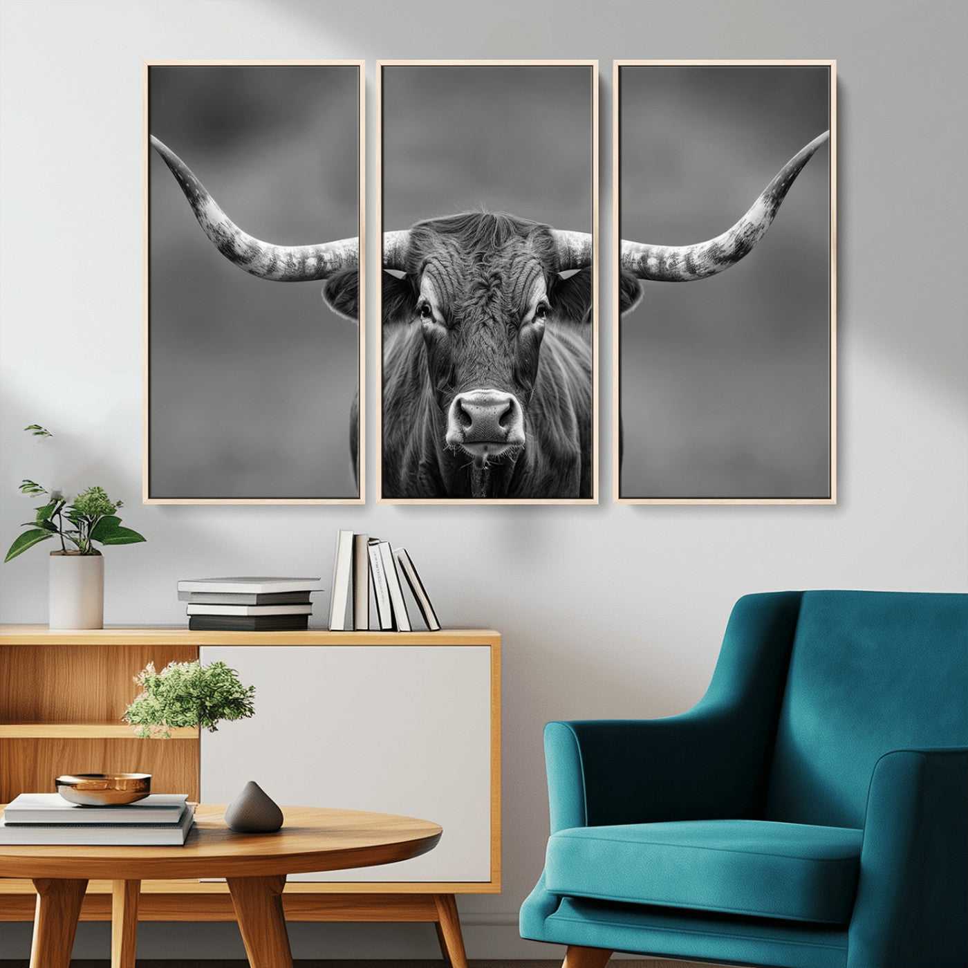 -Framed Texas Longhorn Bull Art Canvas Print, Western Bull Wall Art Print, Long Horn Bull Photo Print
