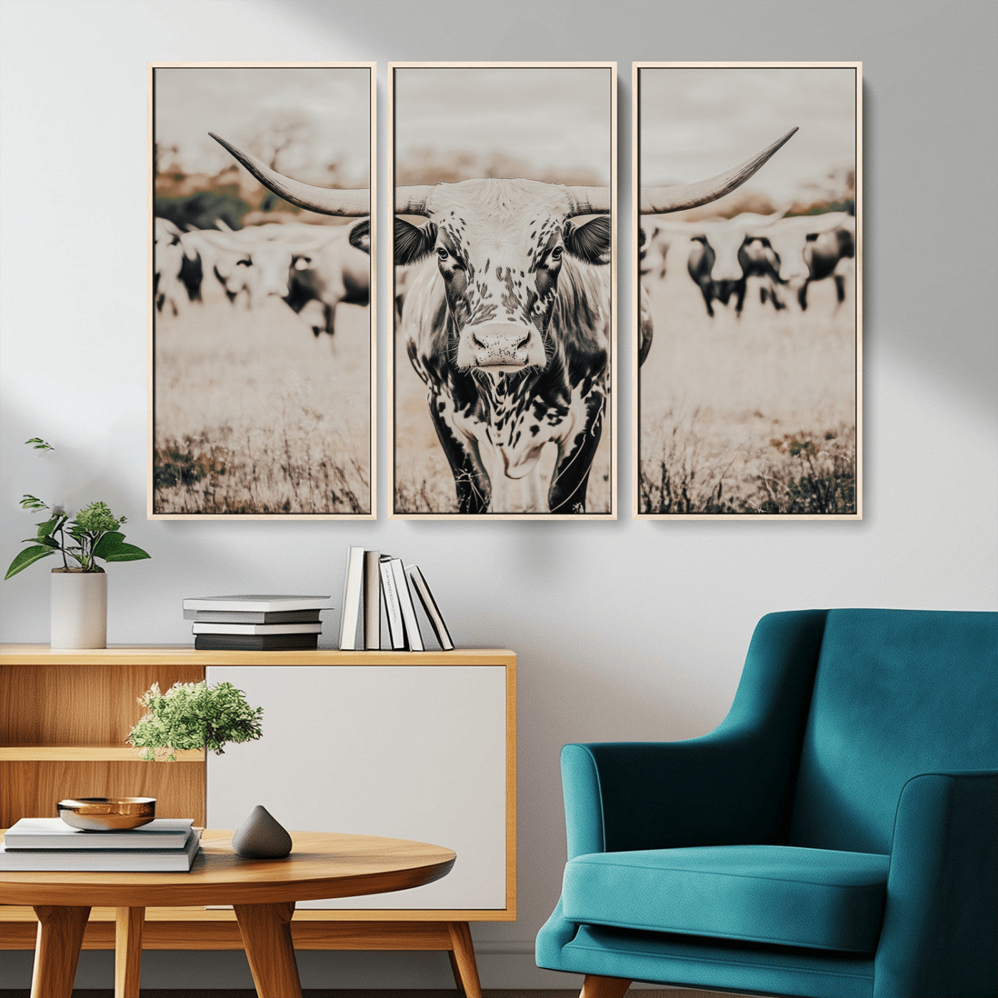 27497342-MGV-CV-36X24-Texas Longhorn Wall Art Canvas Print – Framed Speckled Bull Horned Cattle Rustic Western Artwork for Home Office