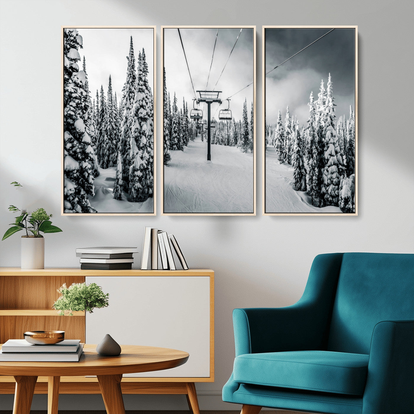 31156828-MGV-CV-36X24-Snowy Pines Wall Art Canvas Print – Framed Ski Lift Winter Forest Snowy Landscape Moody Lodge Artwork for Home, Office