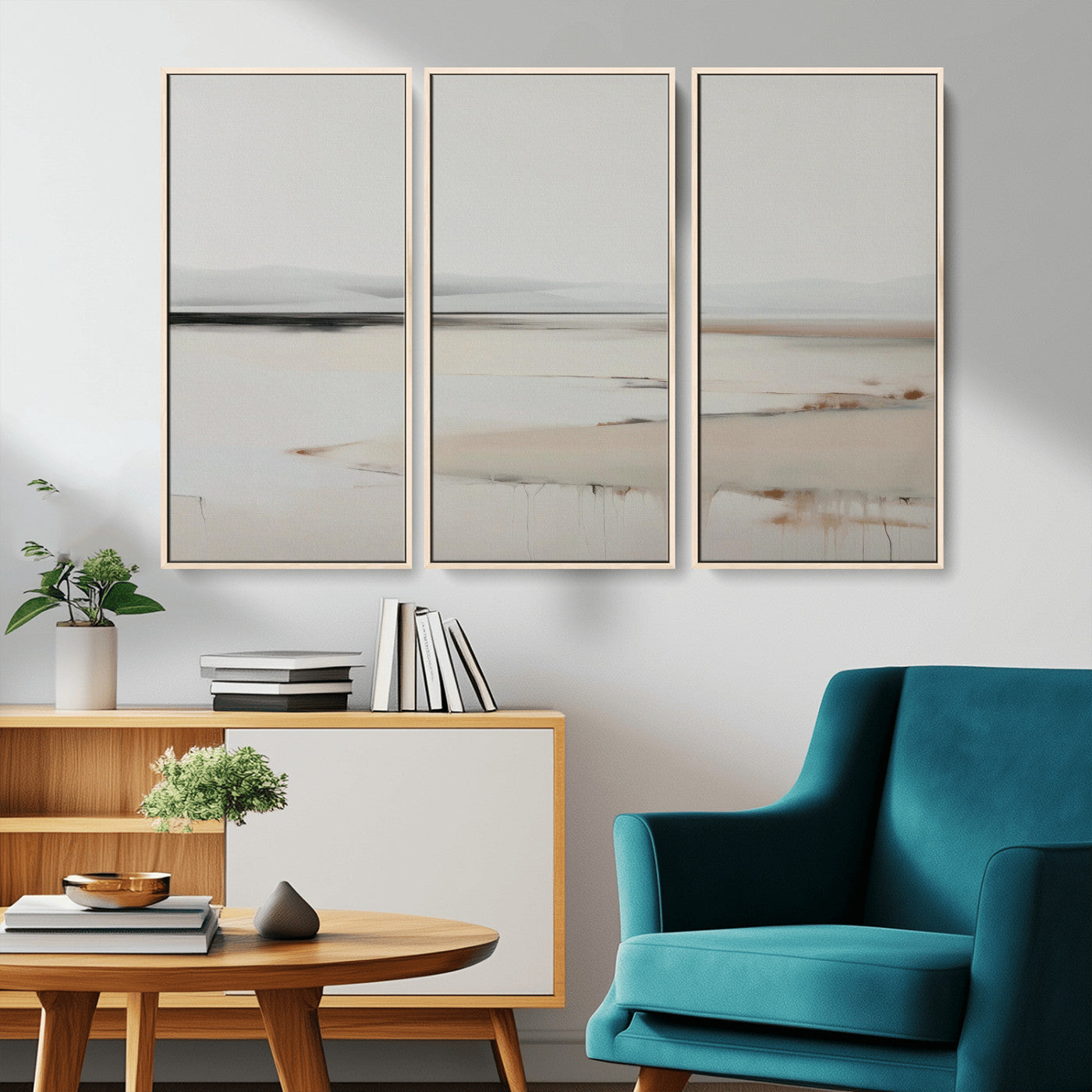 89410095-MGV-CV-36X24-Minimalist Landscape Wall Art Canvas Print – Framed Soft Horizon Abstract Seascape Earthy Tones Artwork for Home Office
