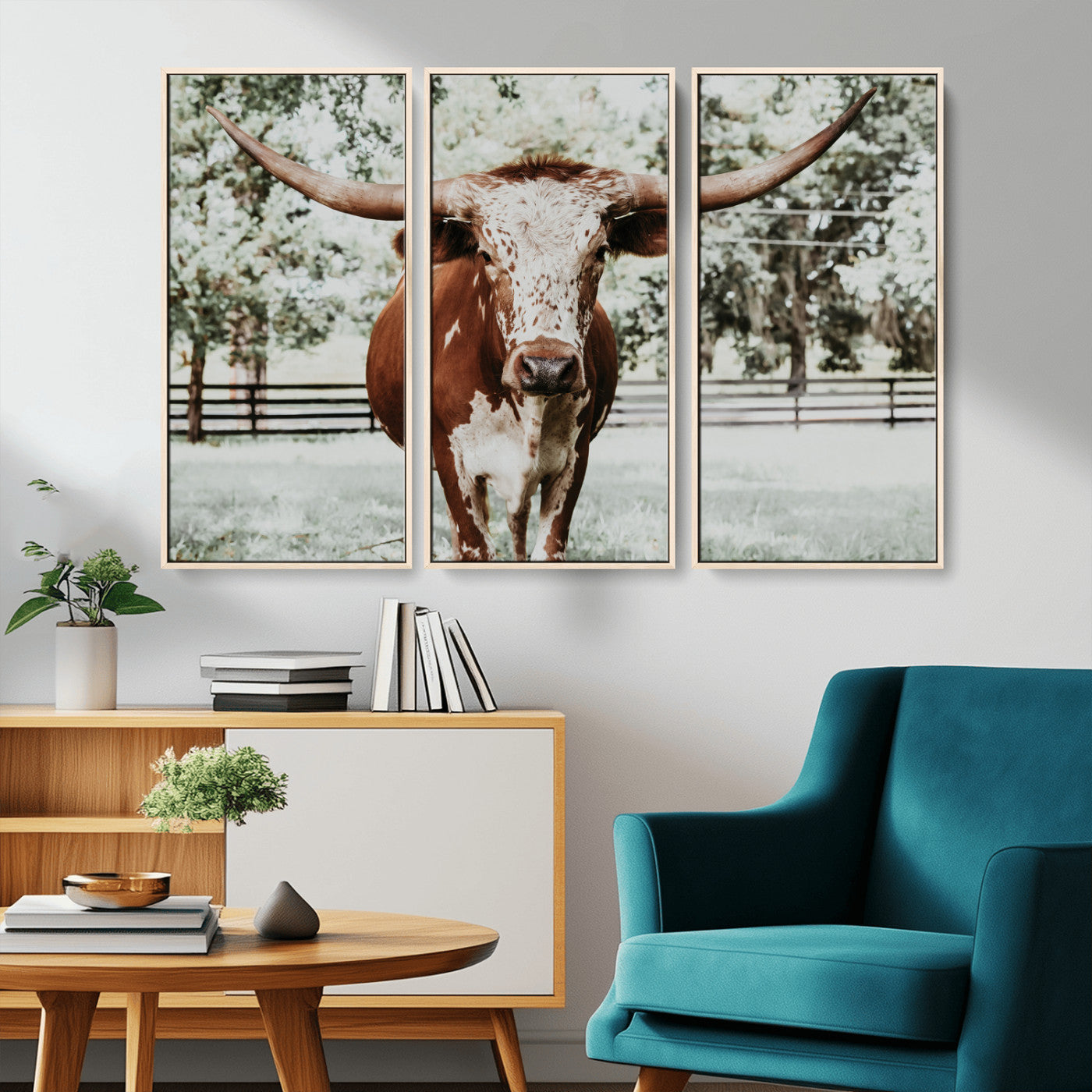 -Texas Longhorn Wall Art Canvas Print, Framed Spotted Cow Art Picture Print, Horned Cattle Perfect Rustic Western Decor Artwork