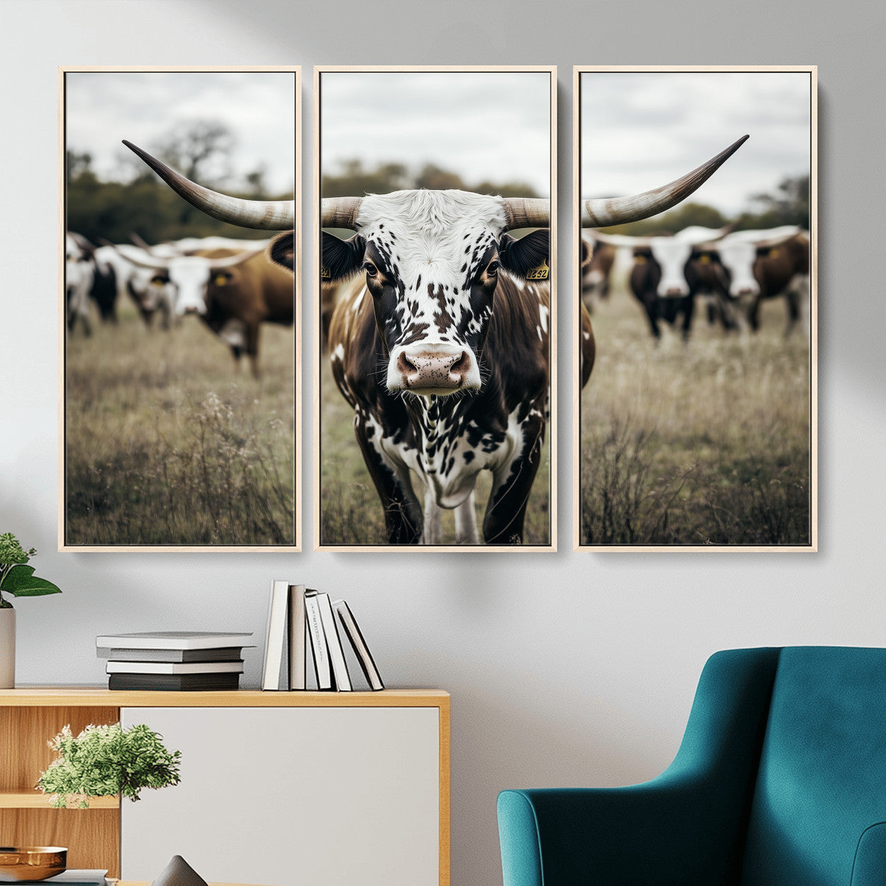 MGV-FC-48X32-3P - Majestic Longhorn Cow Wall Art – Canvas Print of Intricate Fur & Sharp Horns Earthy Tones Serene Landscape, Rustic Charm Decor for Living Room, Office or Bedroom