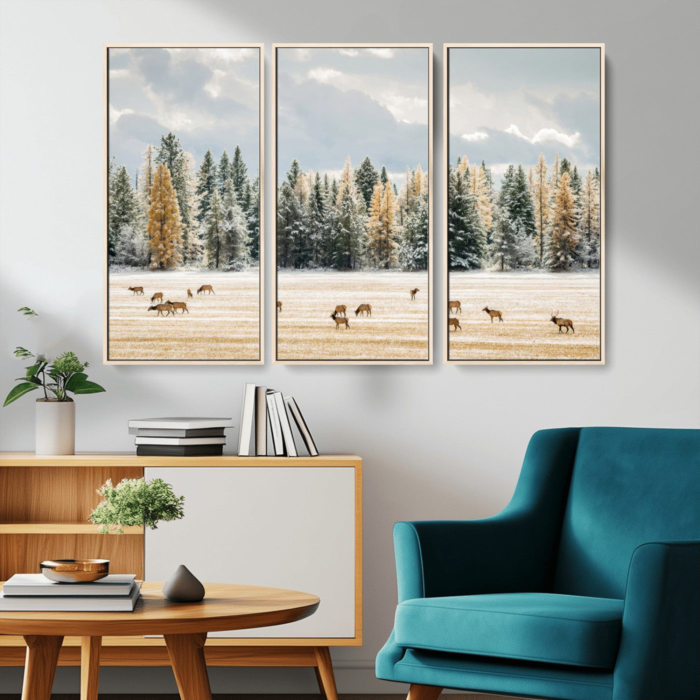 Elk herd in a snowy field with golden pine trees and frosted evergreens, ideal for neutral rustic or cabin-style home decor.