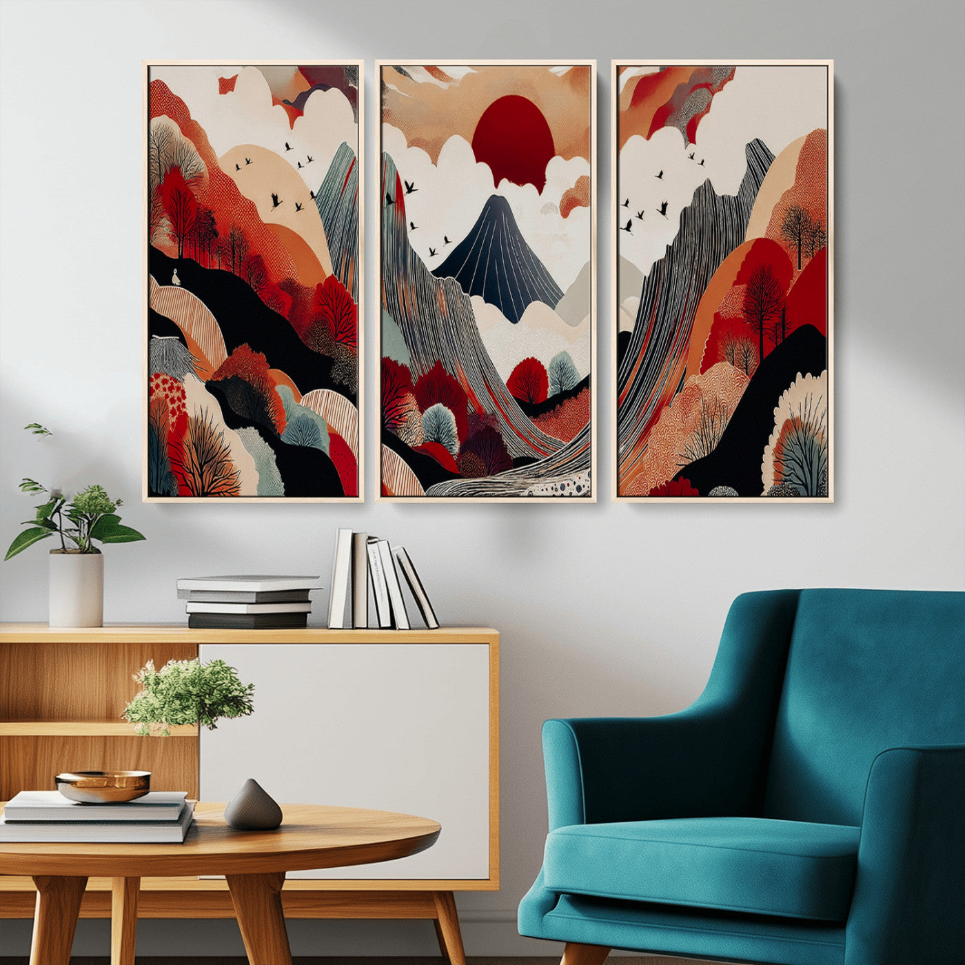 -Abstract Mountain Wall Art Canvas Print, Framed Vibrant Landscape Art Picture Print, Stylized Nature Drawing Perfect Contemporary Minimalist Decor Artwork