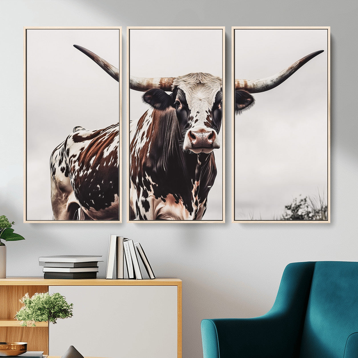 MGV-FC-48X32-3P - Texas Longhorn Wall Art Canvas Print, Framed Spotted Bull Art Picture Print, Horned Cattle Perfect Rustic Farmhouse Decor Artwork