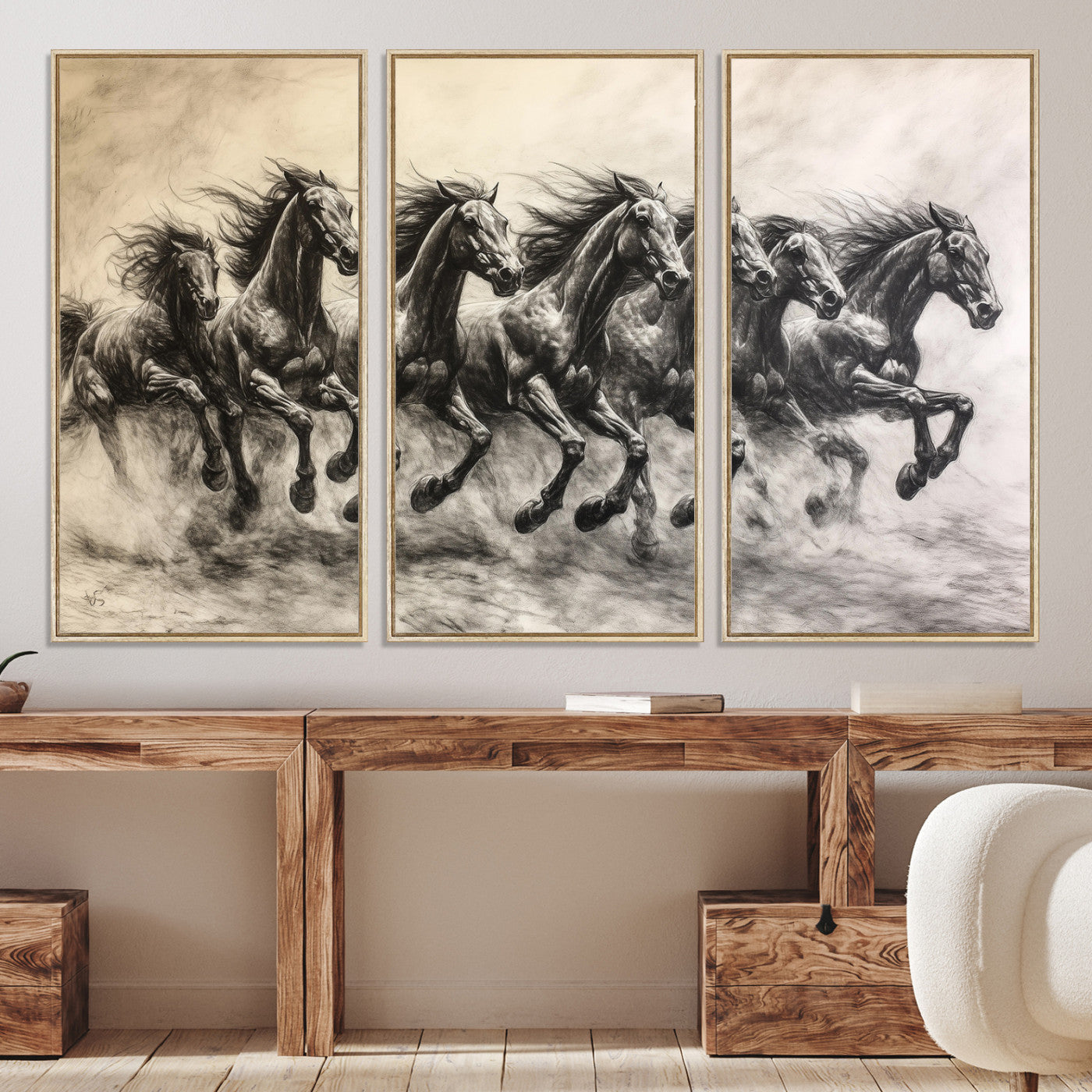 -Galloping Horses Wall Art Canvas Print, Framed Wild Stallions Art Picture Print, Horse Herd Sketch