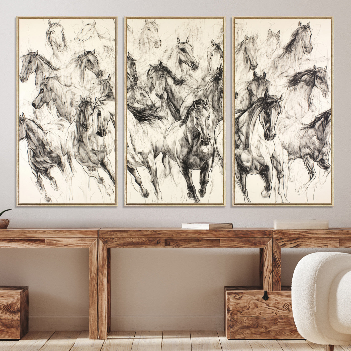 19433417-MGV-CV-36X24-Running Horses Wall Art Canvas Print – Framed Galloping Herd Dynamic Equestrian Sketch Nature Artwork for Home Office
