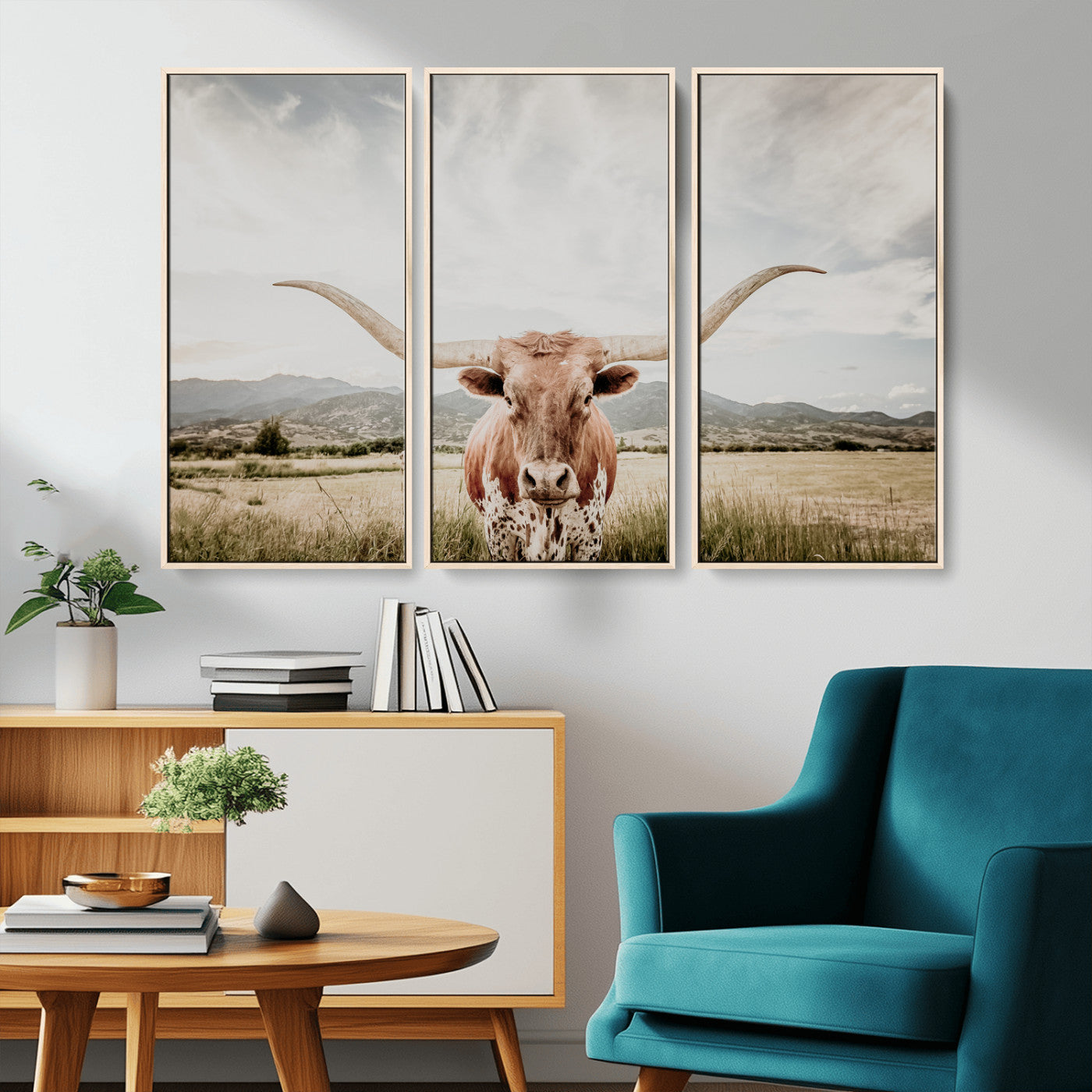 80054319-MGV-CV-36X24-Texas Longhorn Wall Art Canvas Print – Framed Western Cow Scene with Rustic Farmhouse Artwork for Home, Office