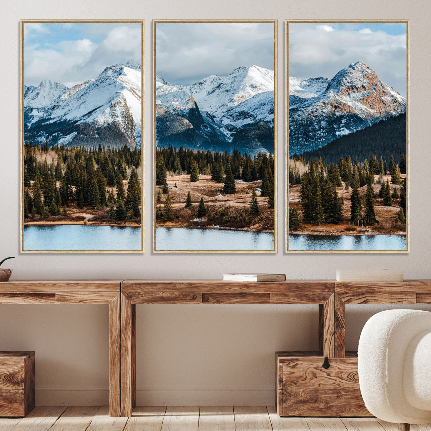 -Snowy Peaks Wall Art Canvas Print, Framed Alpine Lake Art Picture Print, Pine Forest Perfect Alpine