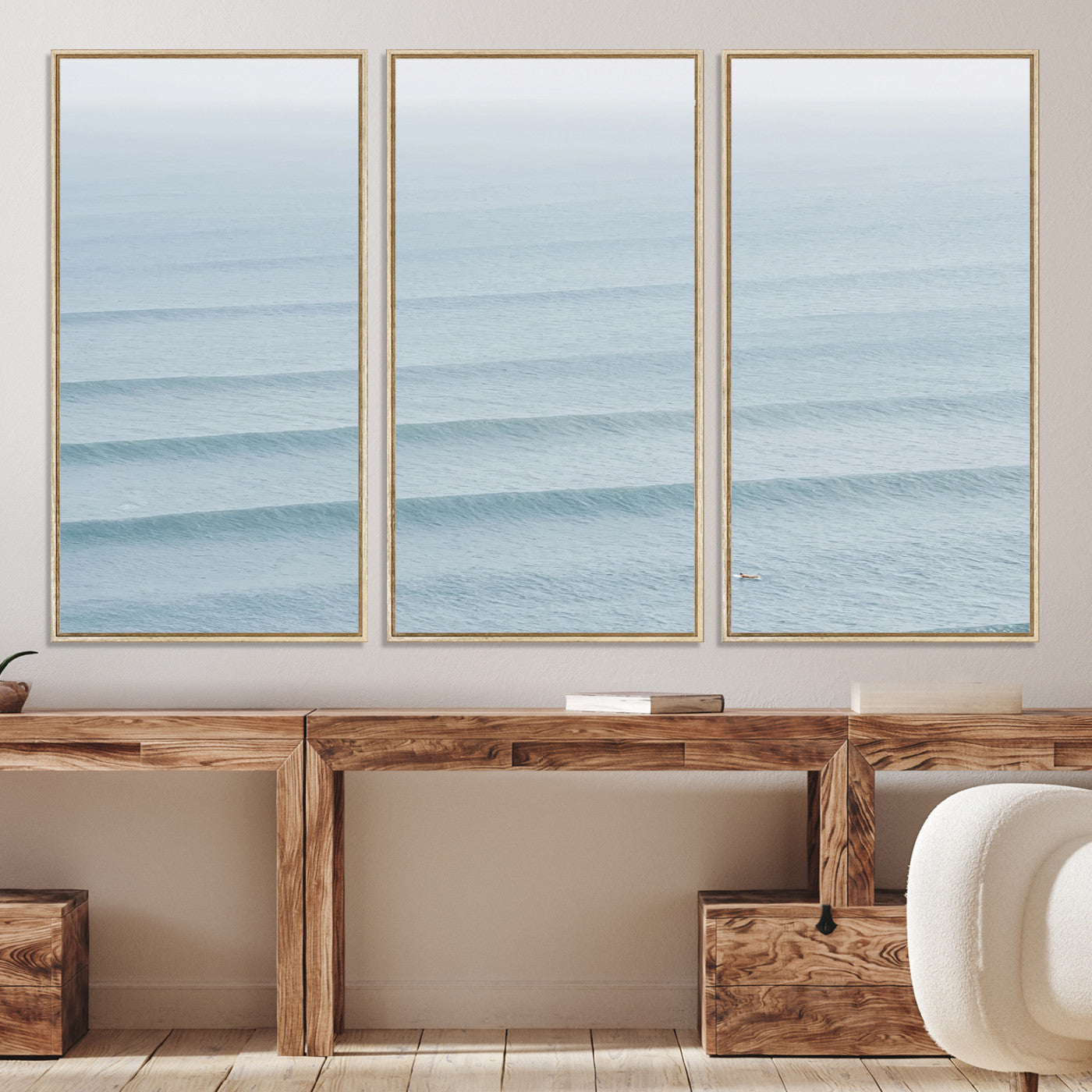 -Ocean Waves Wall Art Canvas Print, Framed Solo Surfer Art Picture Print, Wave Lines Perfect