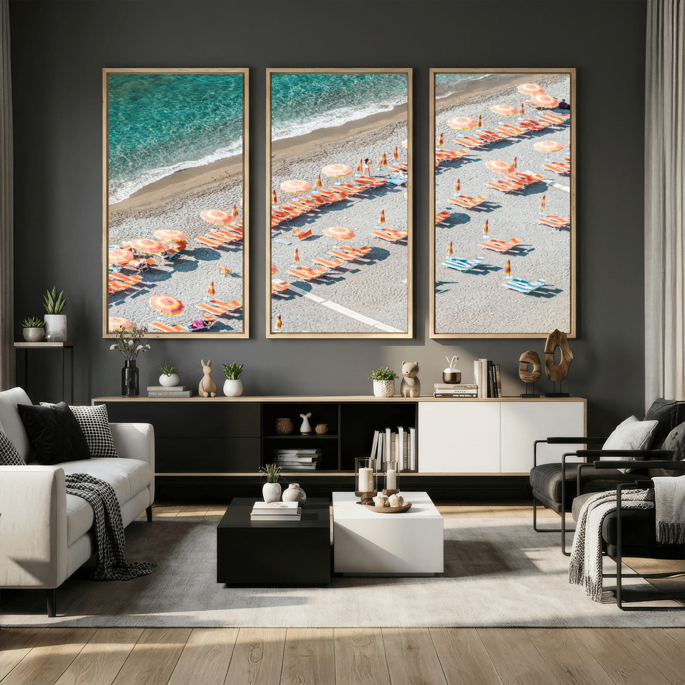 27805351-MGV-CV-36X24 - Beach Umbrellas Wall Art – Orange Loungers & Turquoise Water Canvas Print, Sandy Shore and Summer Vibes