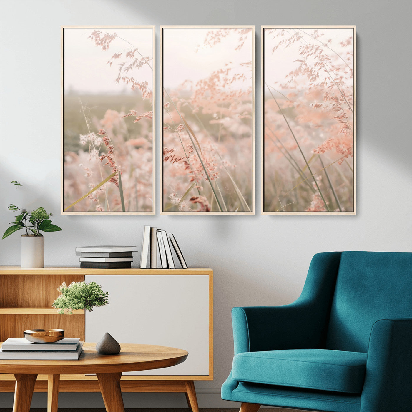79164340-MGV-FC-48X32-3P_Natural-Pastel Grasses Wall Art Canvas Print, Framed Soft Meadow Art Picture Print, Field in Breeze Perfect Soft Pastel Minimal Decor Artwork