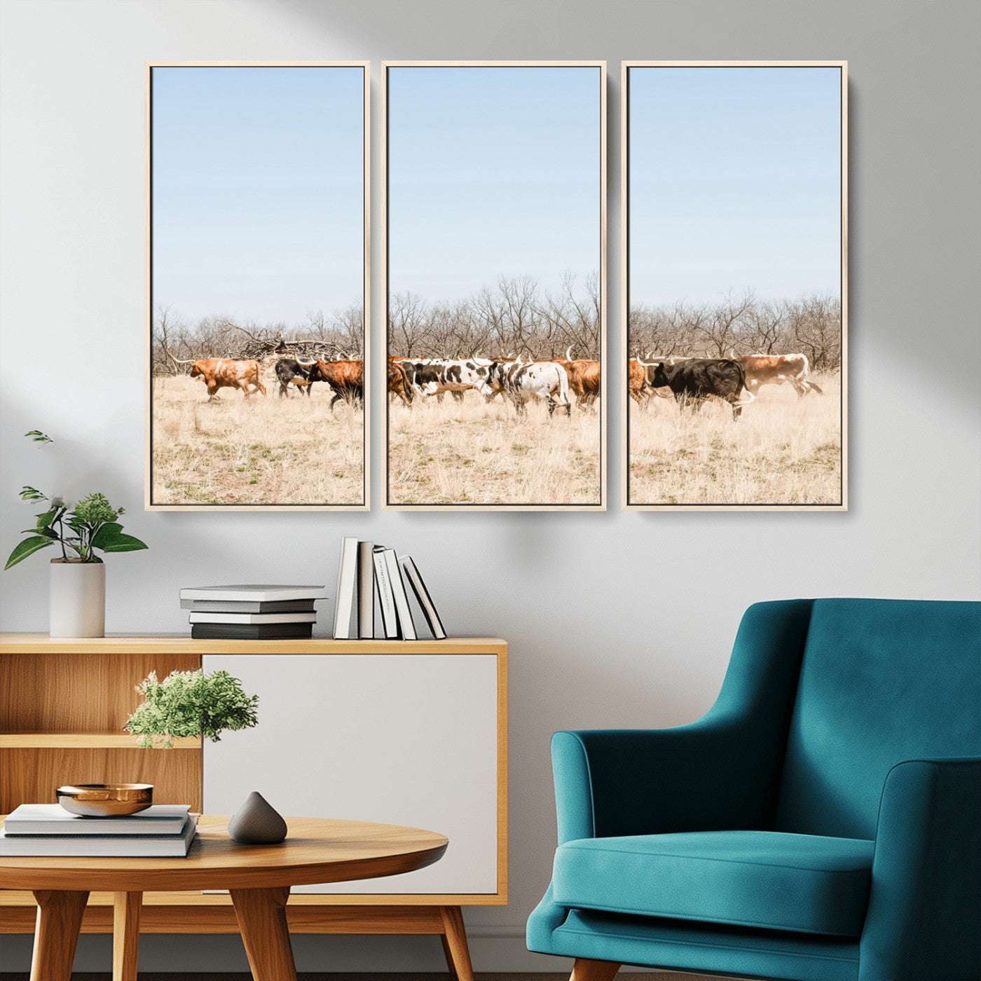 -Texas Longhorns Wall Art Canvas Print, Framed Western Cattles Art Picture Print, Rustic Herd Perfect Rustic Farmhouse Decor Artwork